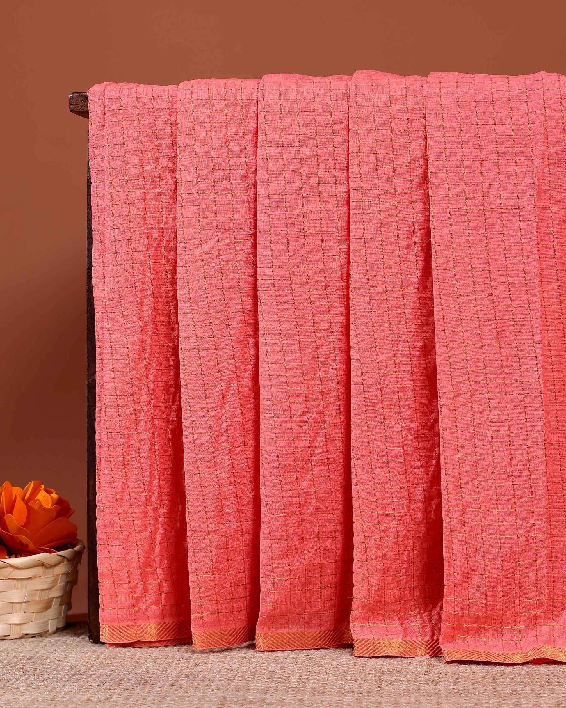 Traditional Handwoven Sungudi Cotton Saree with Zari Checks and Intricate Border - Peach