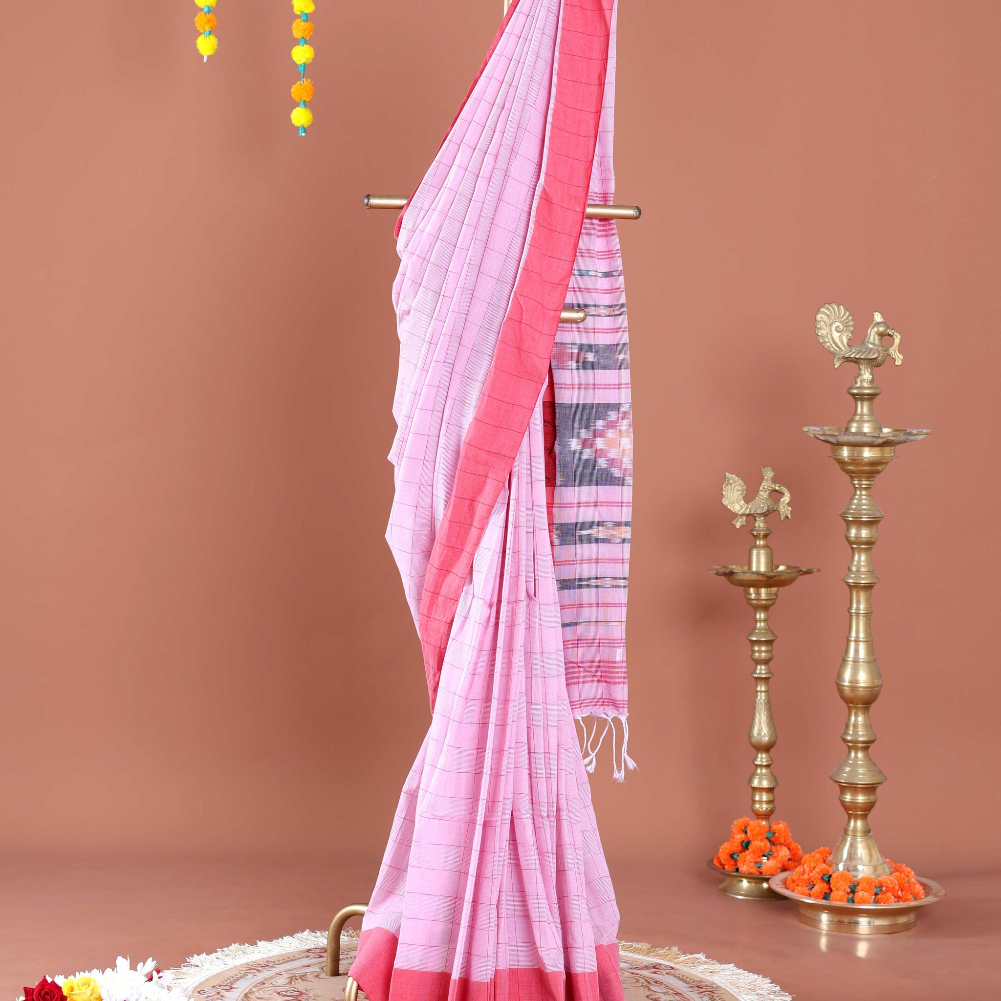 Traditional Ikkat Cotton Saree with Checked Body Design and Intricate Woven Pallu - Pink