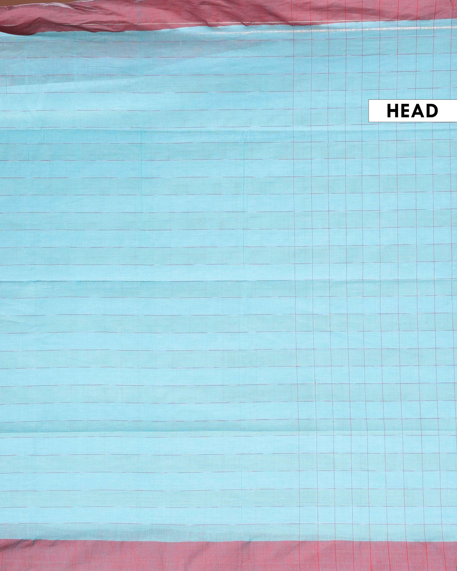 Traditional Ikkat Cotton Saree with Checked Pattern and Contrast Border - Sky Blue-Head