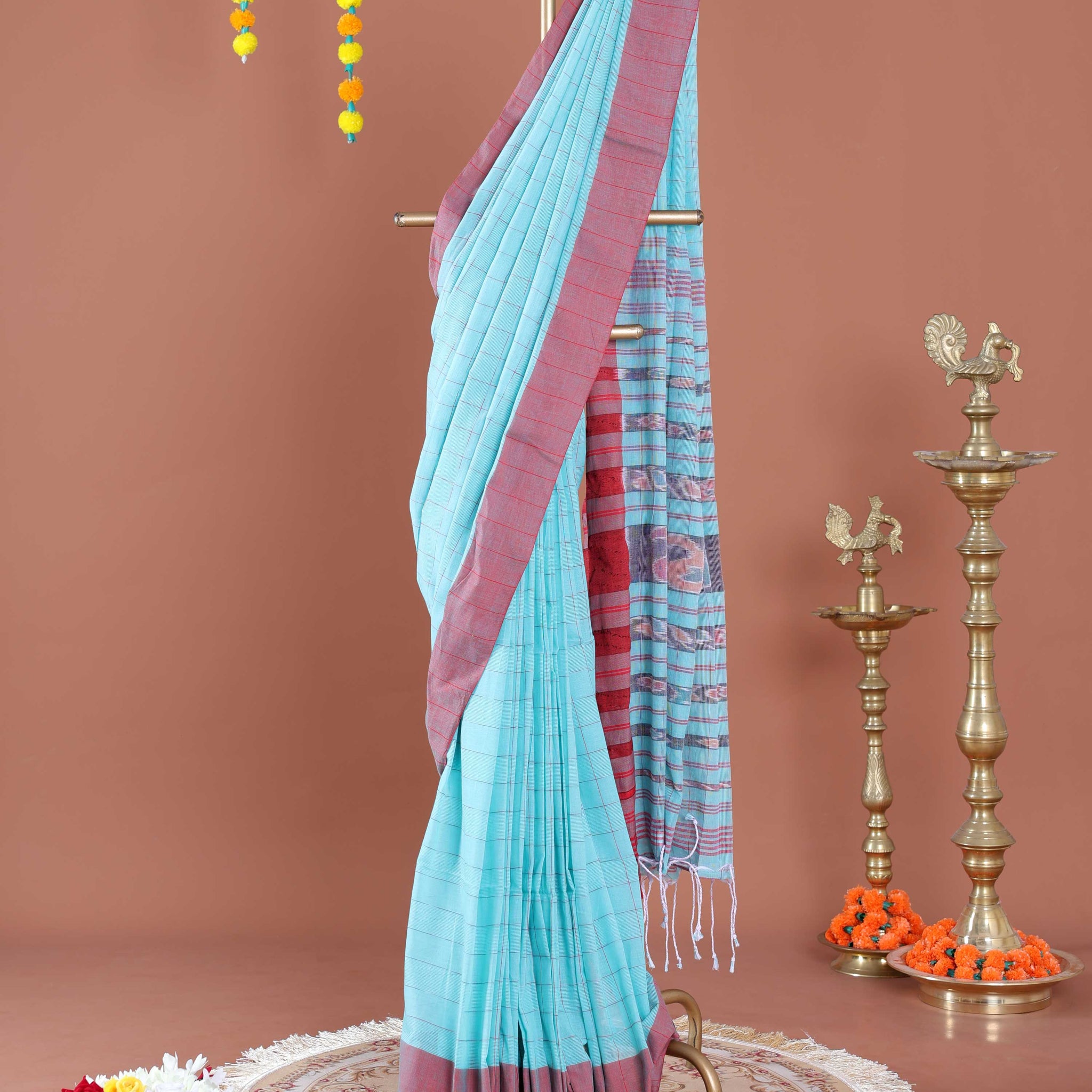Traditional Ikkat Cotton Saree with Checked Pattern and Contrast Border - Sky Blue
