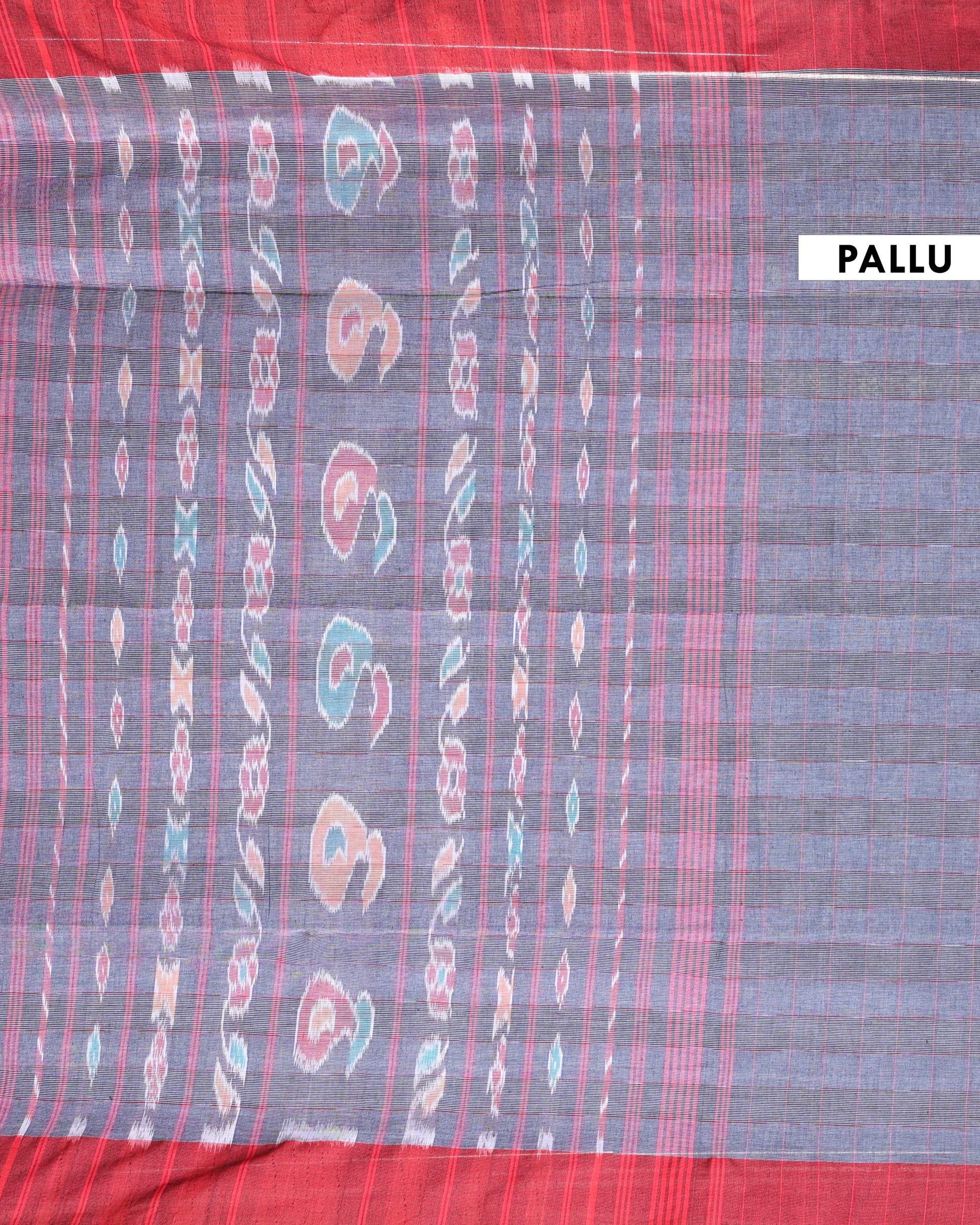 Traditional Ikkat Handloom Cotton Saree with Woven Pattern and Contrast Border - Dark Grey-Pallu