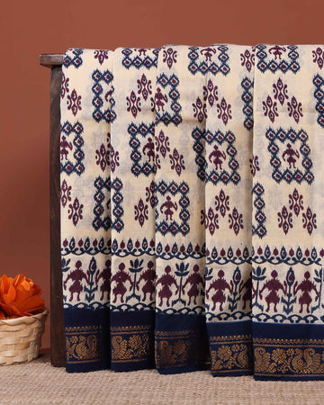 Traditional Ikkat Style Printed Sungudi Cotton Saree with Intricate Border - Cream 