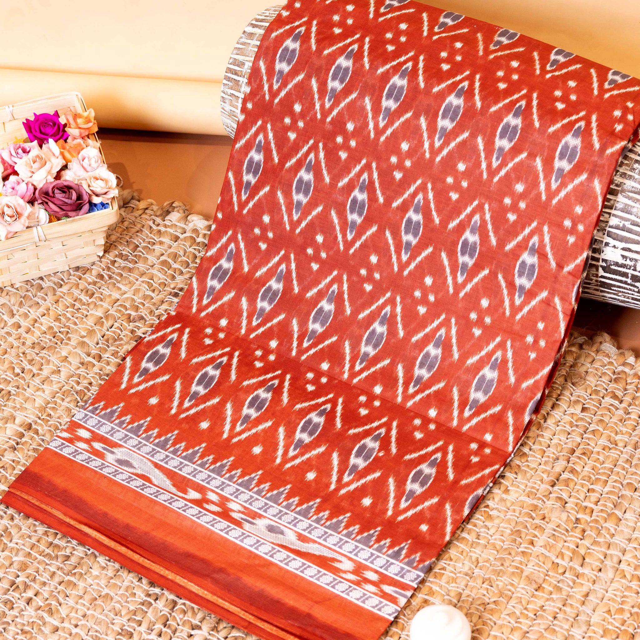 Traditional Ikkat Weave Voile Cotton Saree with Geometric Motifs - Light Red
