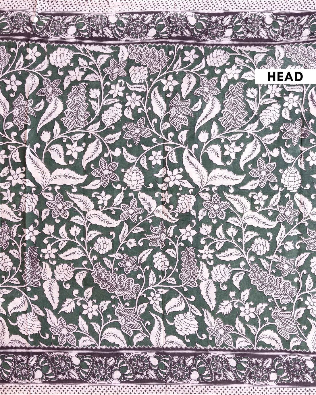 Traditional Kalamkari Block-Printed Saree with Intricate Floral Motif - Dark Green