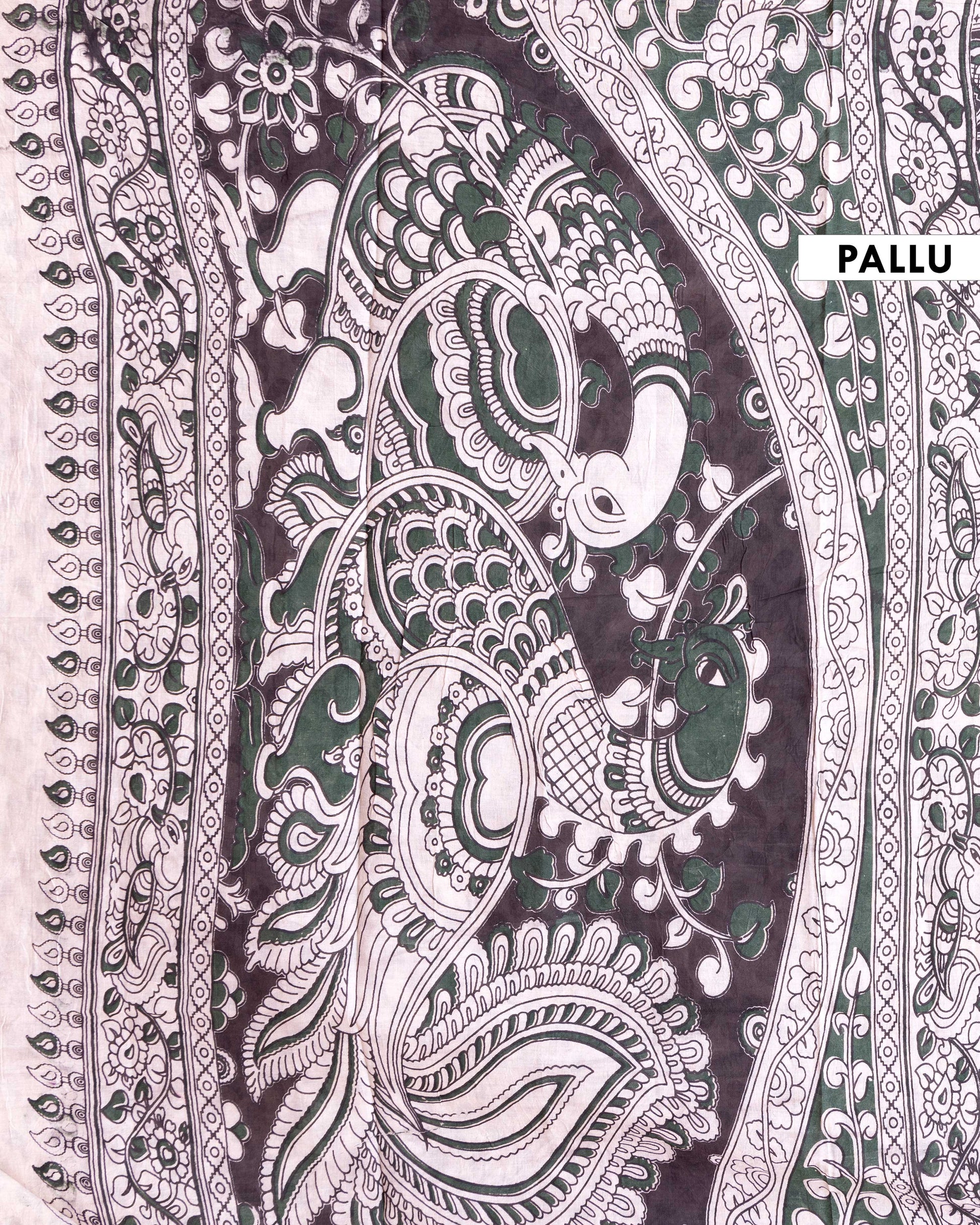 Traditional Kalamkari Block-Printed Saree with Intricate Floral Motif - Dark Green
