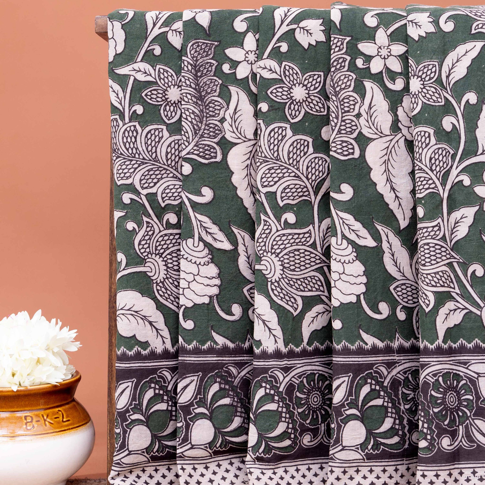 Traditional Kalamkari Block-Printed Saree with Intricate Floral Motif - Dark Green