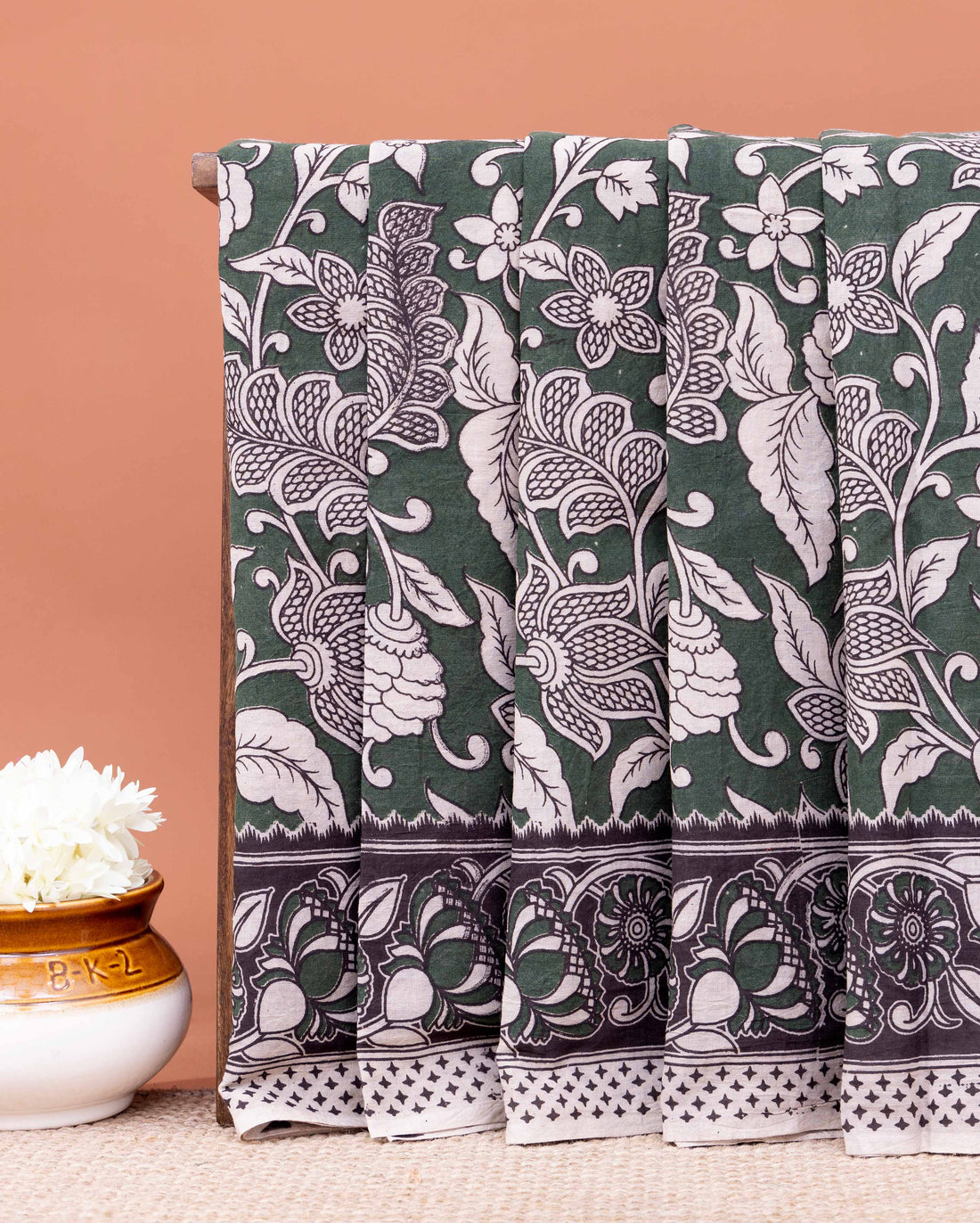 Traditional Kalamkari Block-Printed Saree with Intricate Floral Motif - Dark Green