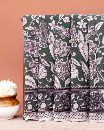 Traditional Kalamkari Block-Printed Saree with Intricate Floral Motif - Dark Green