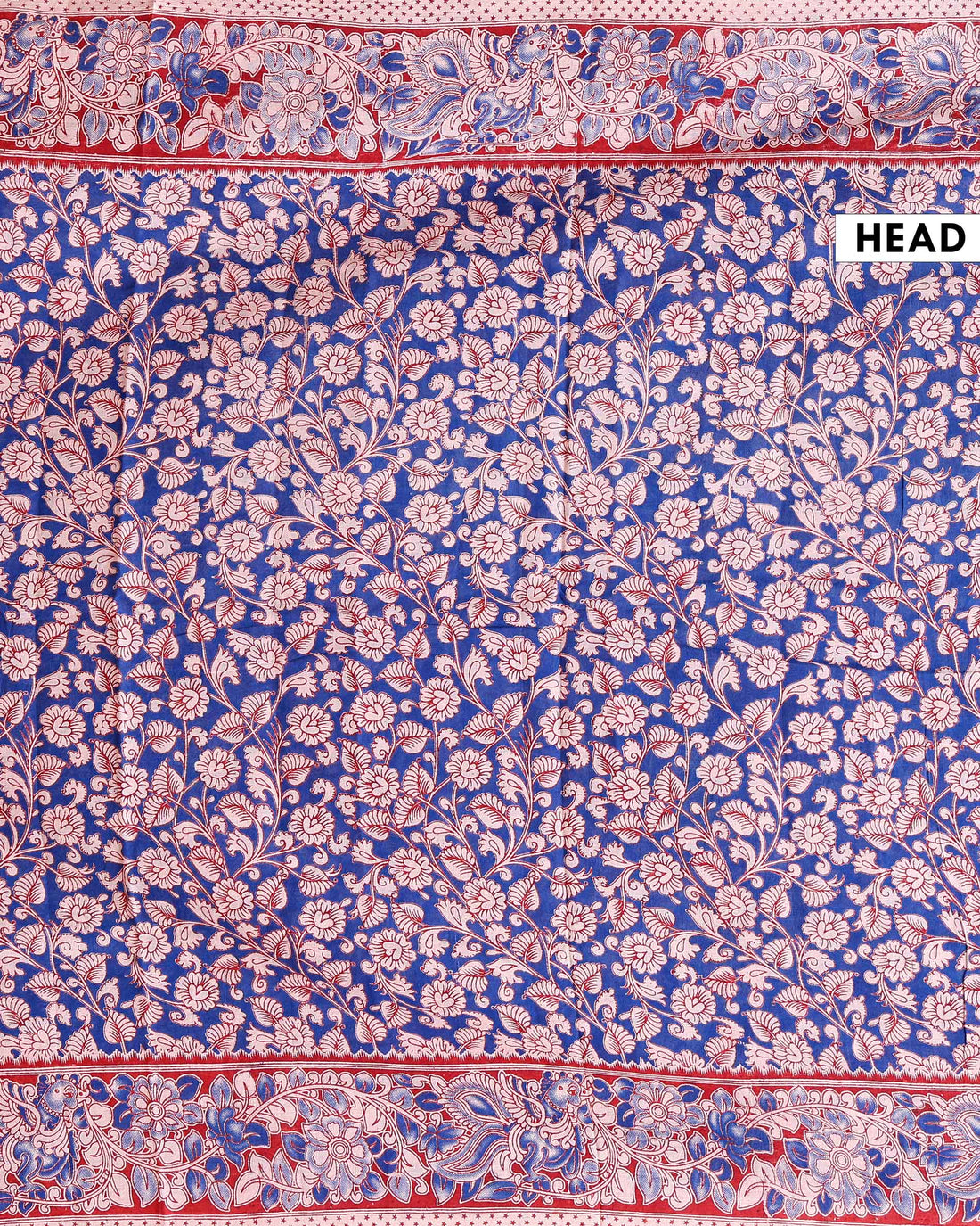 Traditional Kalamkari Block Print Cotton Saree All-Over Floral Patterns - Blue