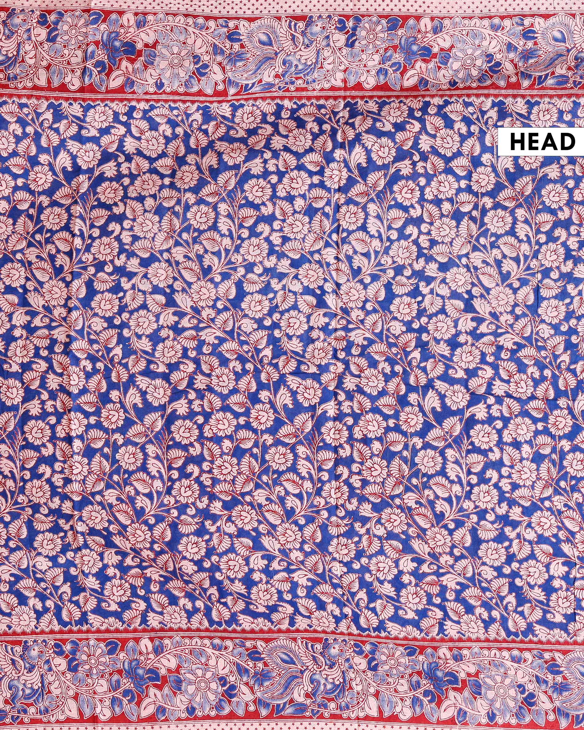 Traditional Kalamkari Block Print Cotton Saree All-Over Floral Patterns - Blue