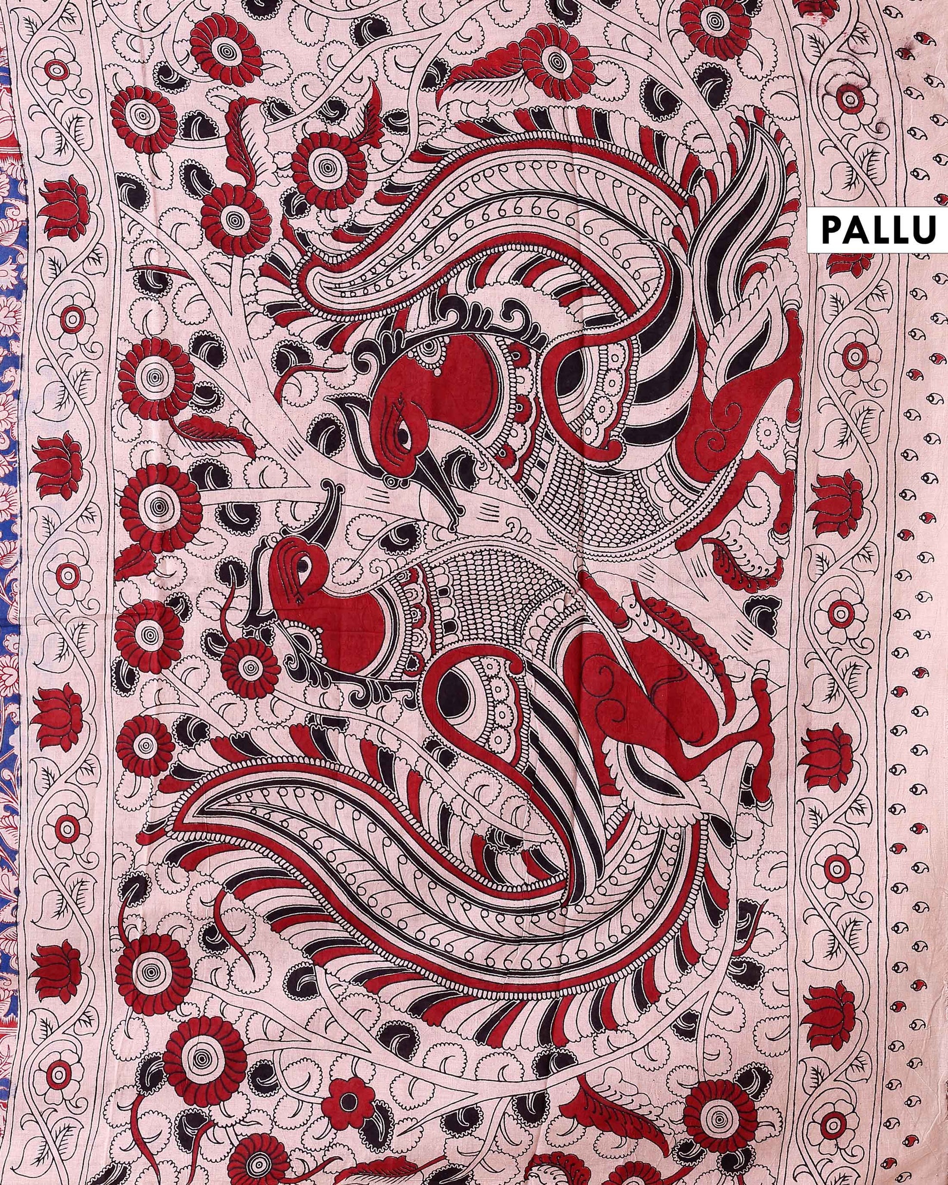 Traditional Kalamkari Block Print Cotton Saree All-Over Floral Patterns - Blue