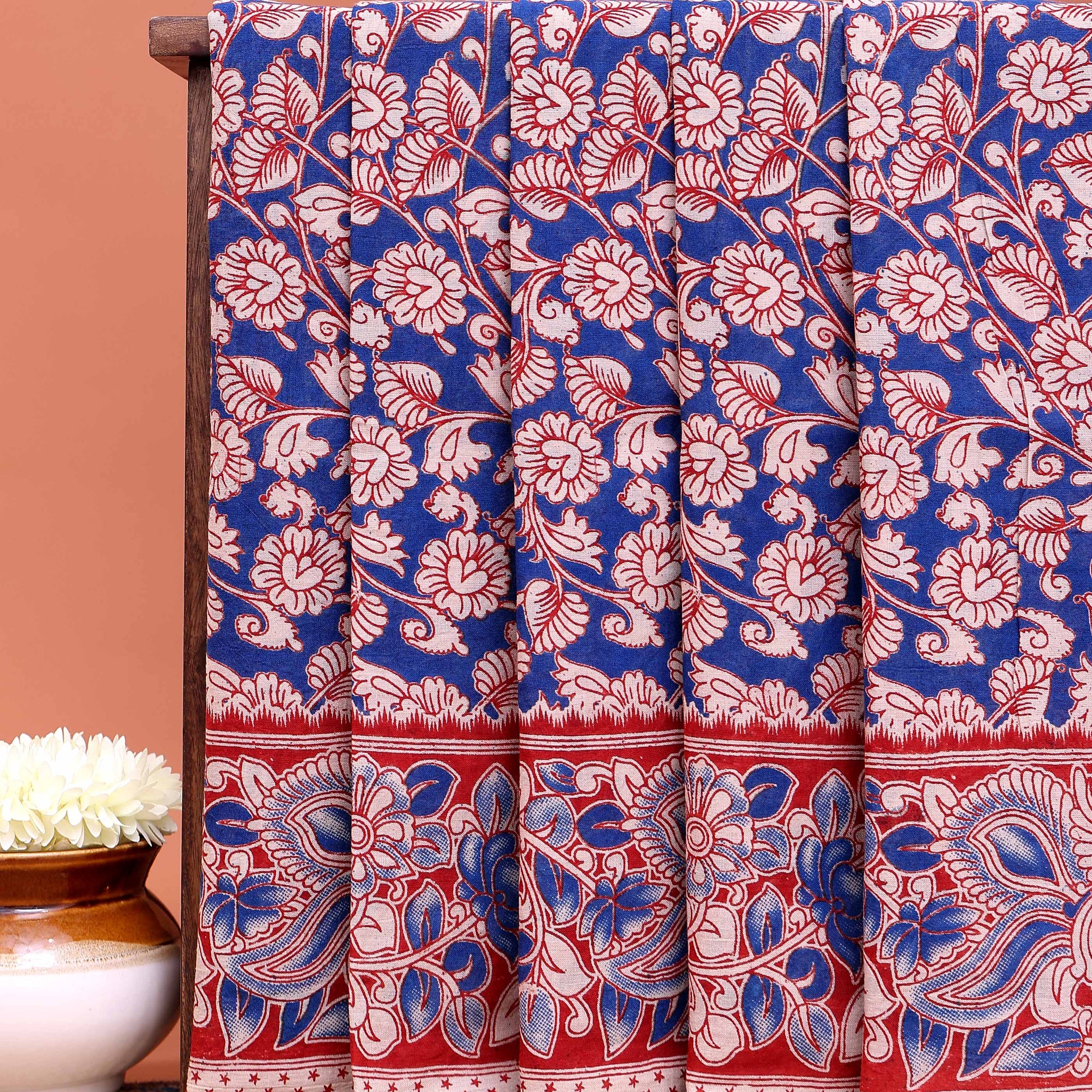 Traditional Kalamkari Block Print Cotton Saree All-Over Floral Patterns - Blue