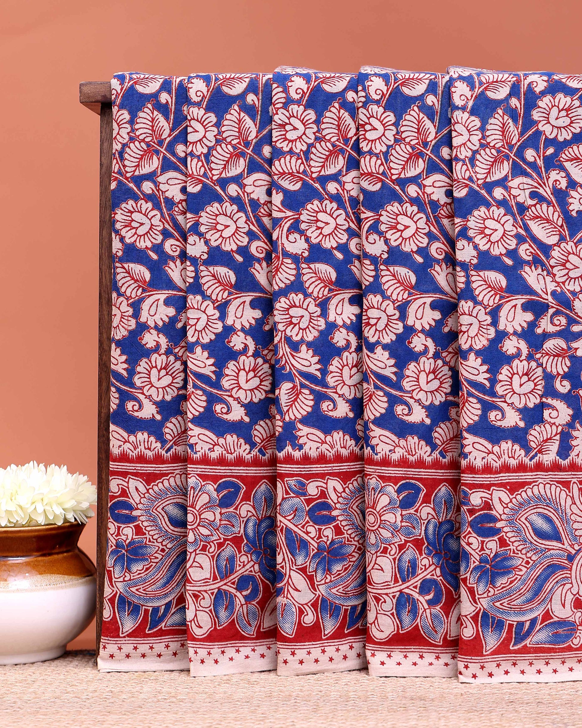 Traditional Kalamkari Block Print Cotton Saree All-Over Floral Patterns - Blue
