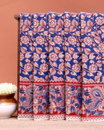 Traditional Kalamkari Block Print Cotton Saree All-Over Floral Patterns - Blue