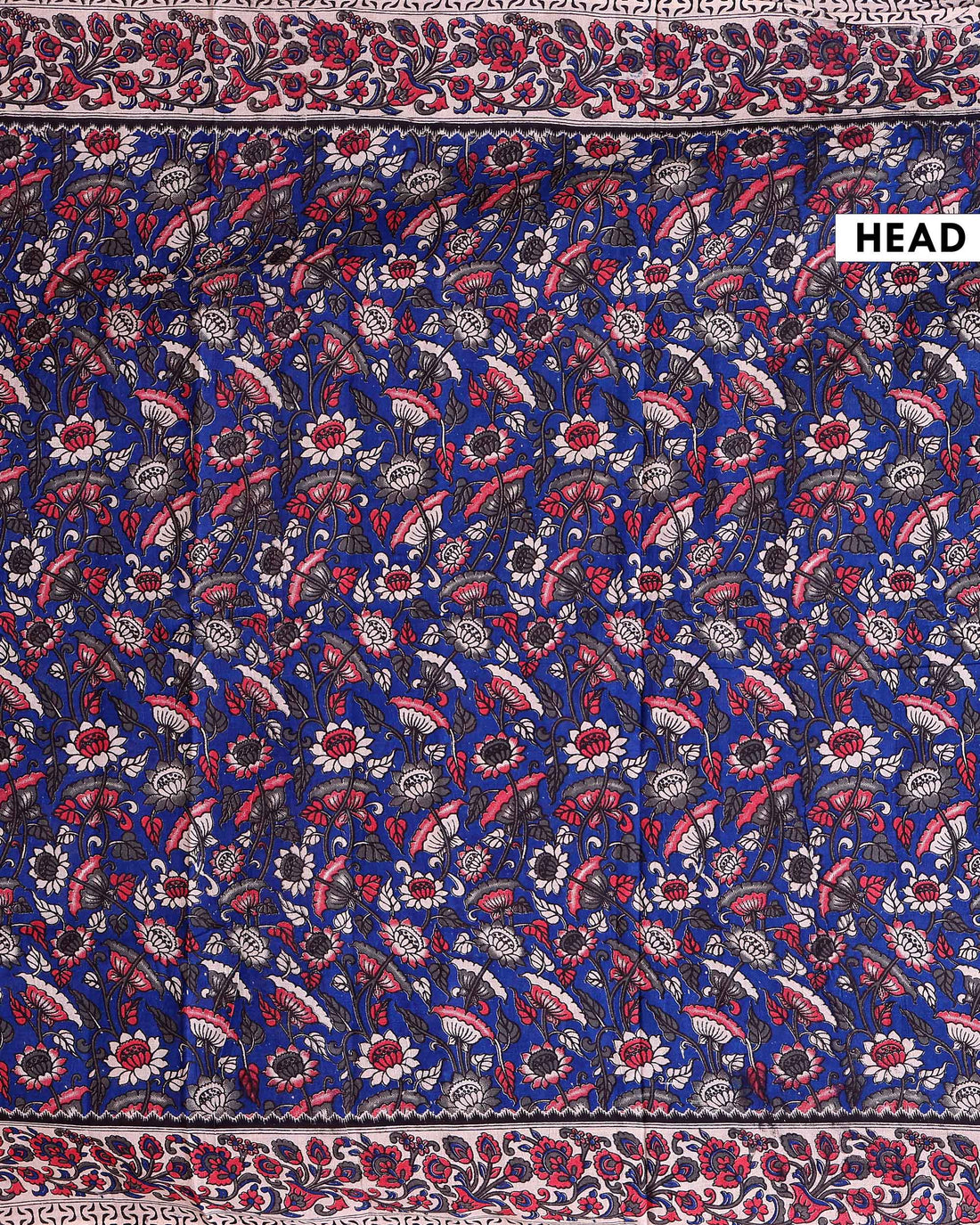 Traditional Kalamkari Block Print Cotton Saree Intricate Floral Jaal Design - Blue