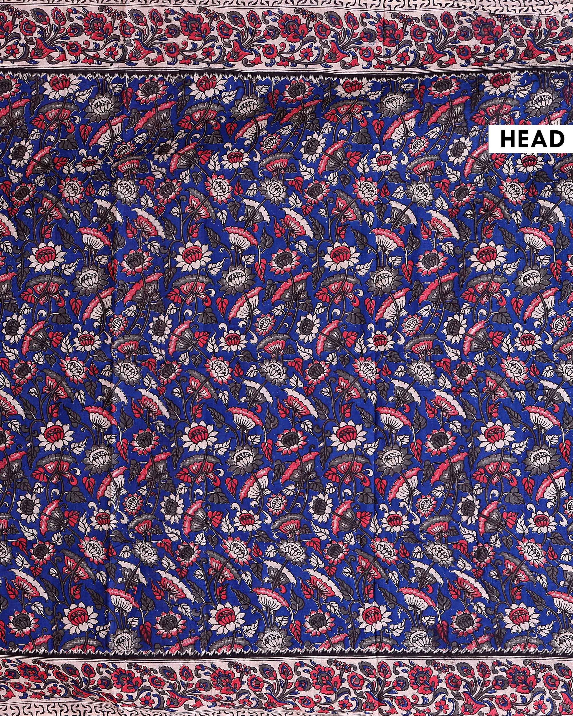 Traditional Kalamkari Block Print Cotton Saree Intricate Floral Jaal Design - Blue