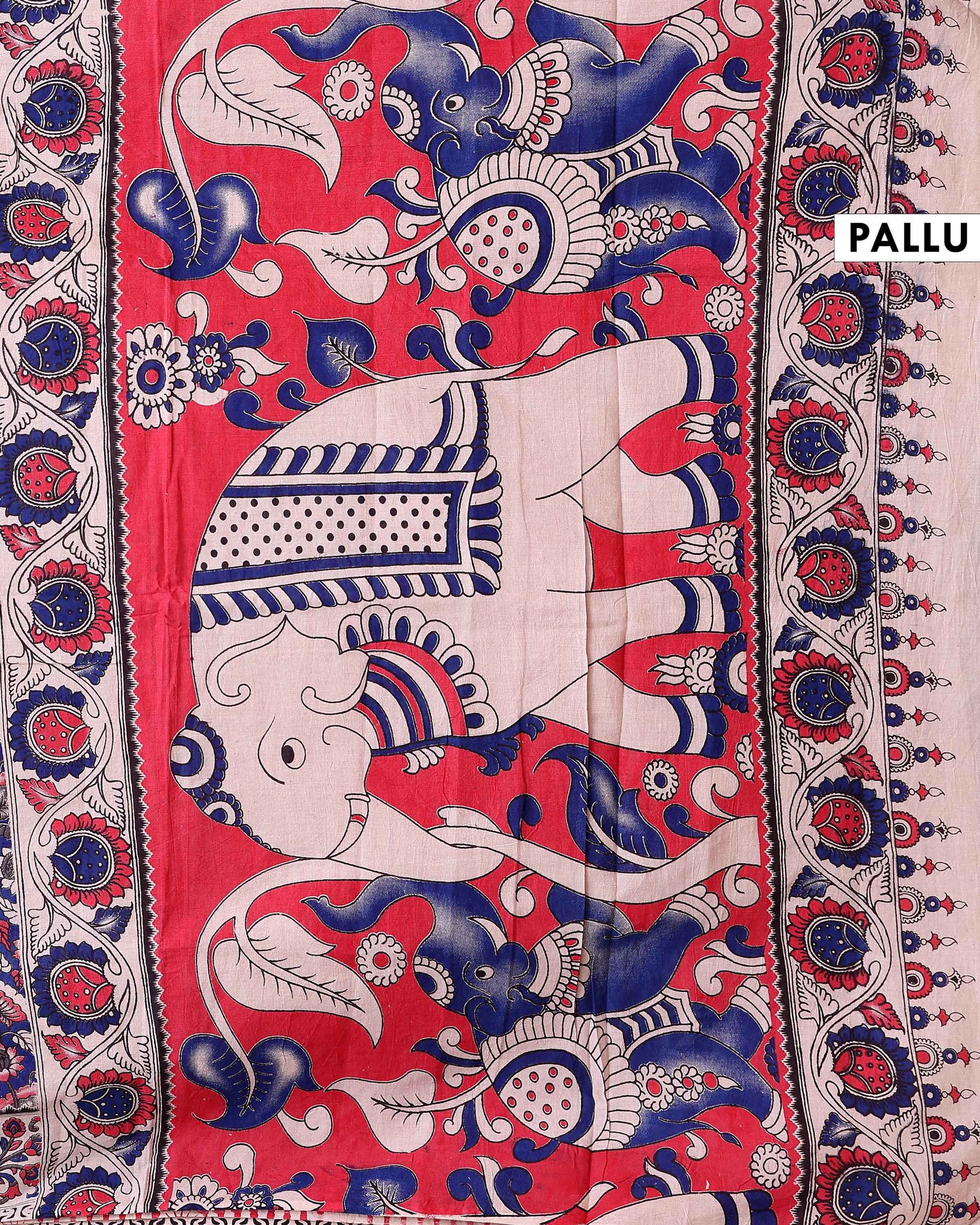 Traditional Kalamkari Block Print Cotton Saree Intricate Floral Jaal Design - Blue
