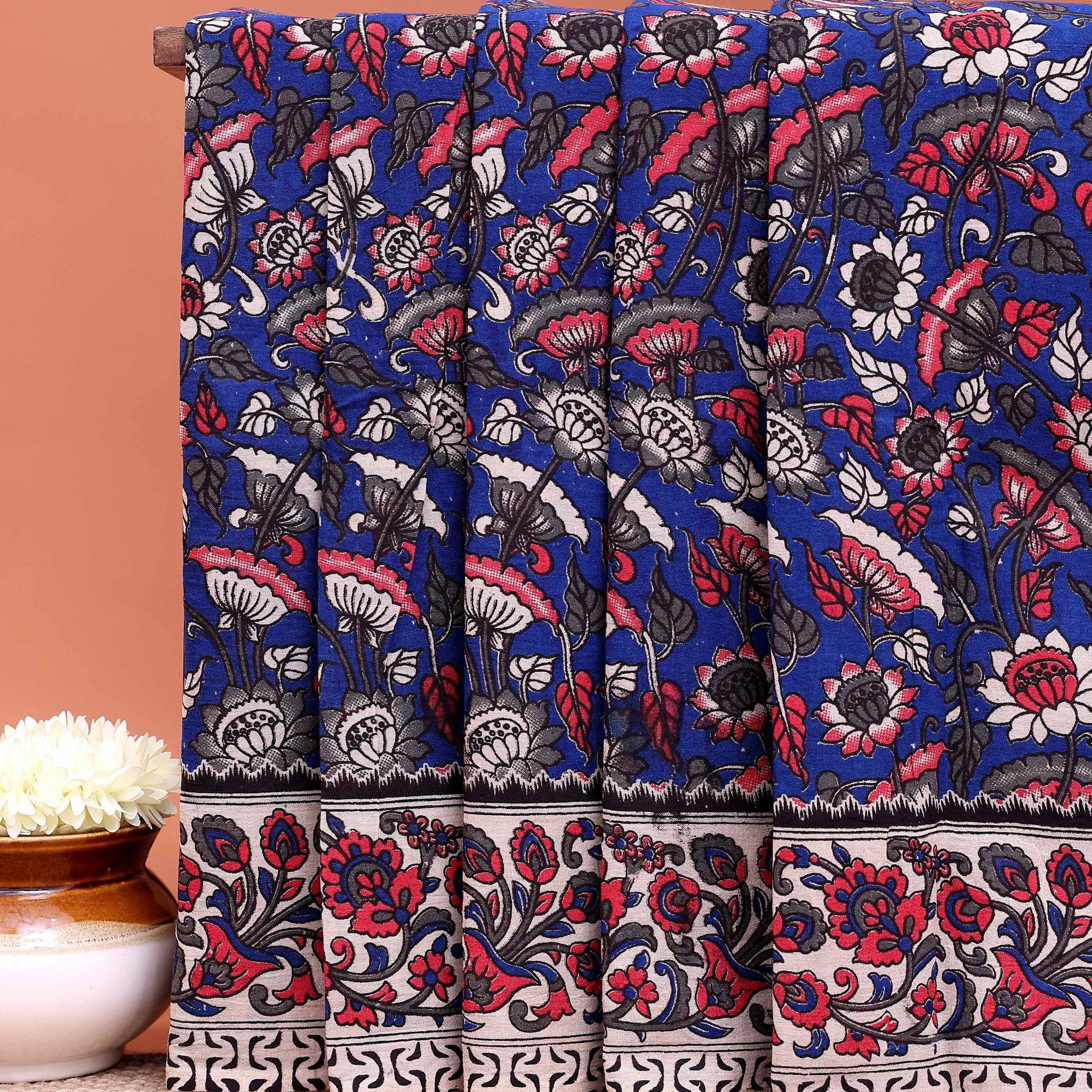 Traditional Kalamkari Block Print Cotton Saree Intricate Floral Jaal Design - Blue