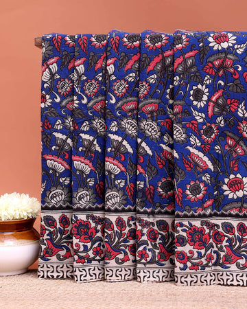 Traditional Kalamkari Block Print Cotton Saree Intricate Floral Jaal Design - Blue