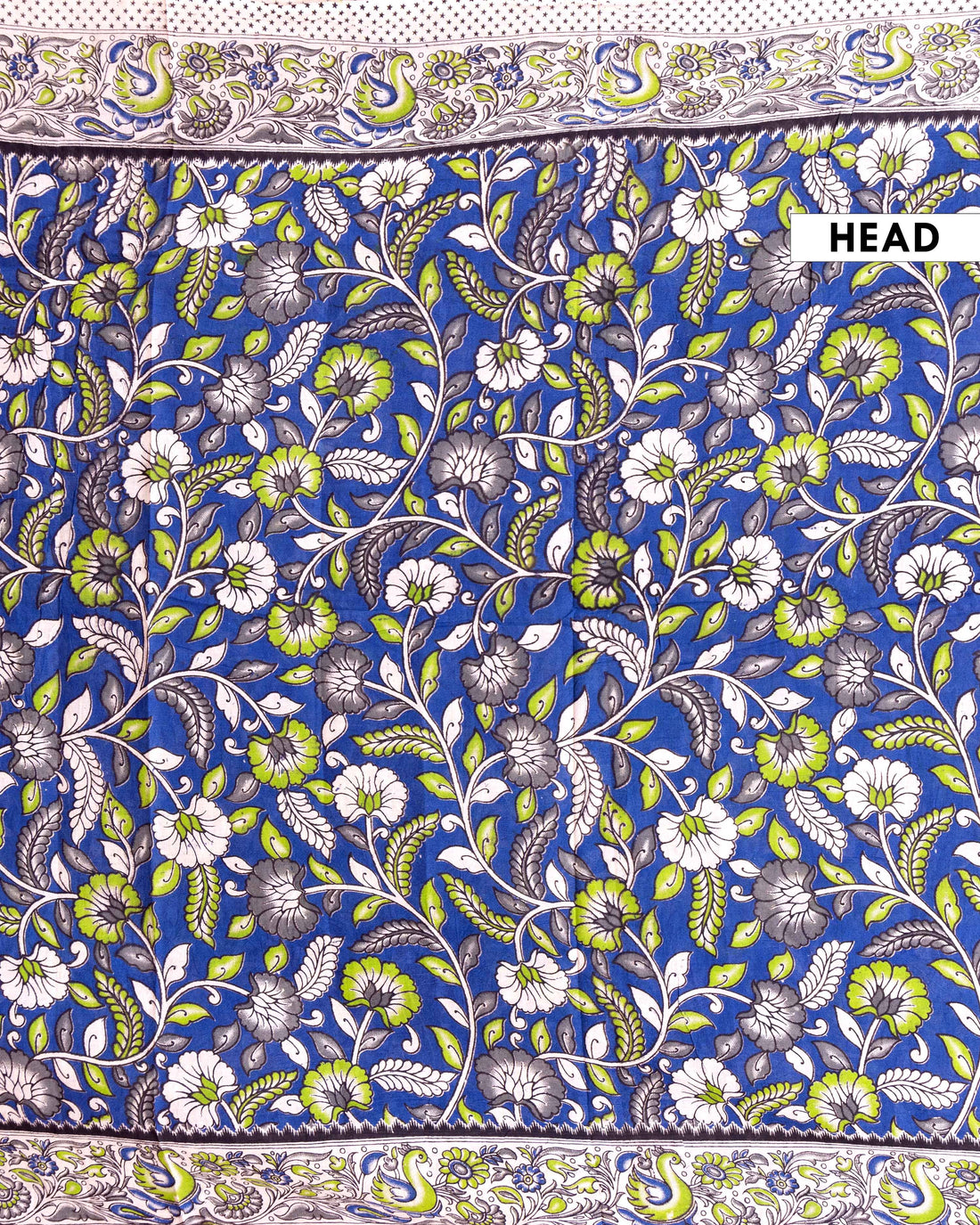 Traditional Kalamkari Block Print Cotton Saree Intricate Leaf & Flower Patterns - Blue