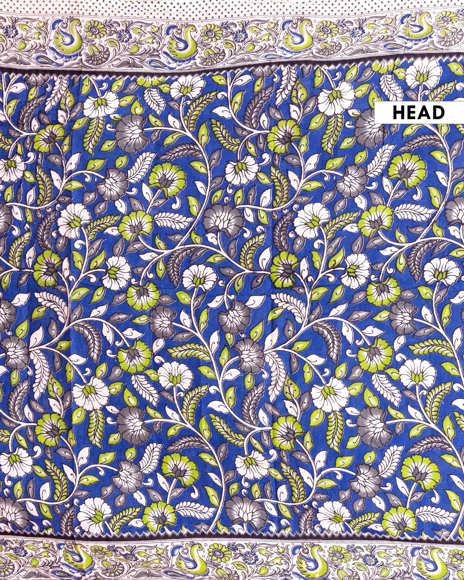 Traditional Kalamkari Block Print Cotton Saree Intricate Leaf & Flower Patterns - Blue