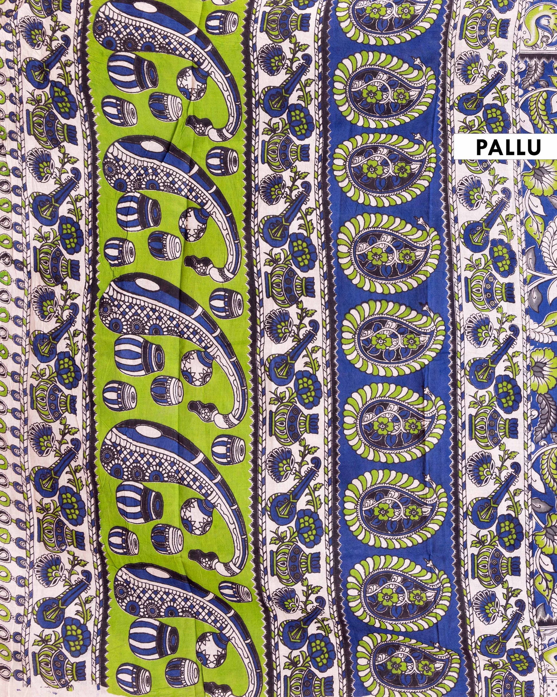 Traditional Kalamkari Block Print Cotton Saree Intricate Leaf & Flower Patterns - Blue