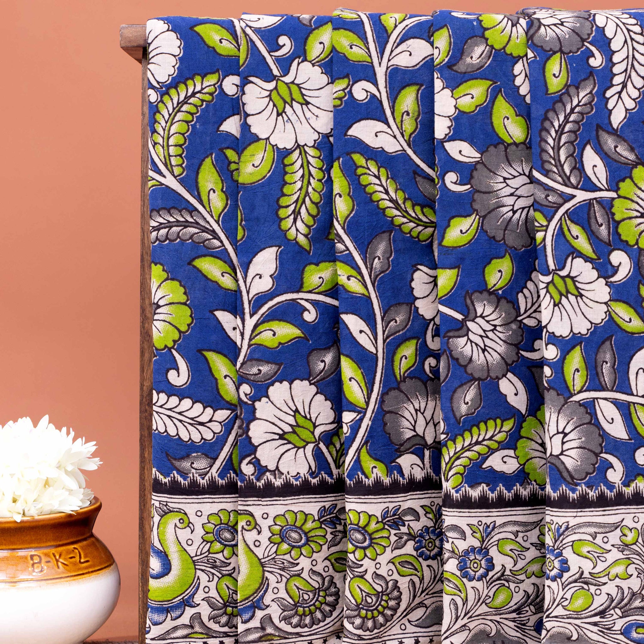 Traditional Kalamkari Block Print Cotton Saree Intricate Leaf & Flower Patterns - Blue