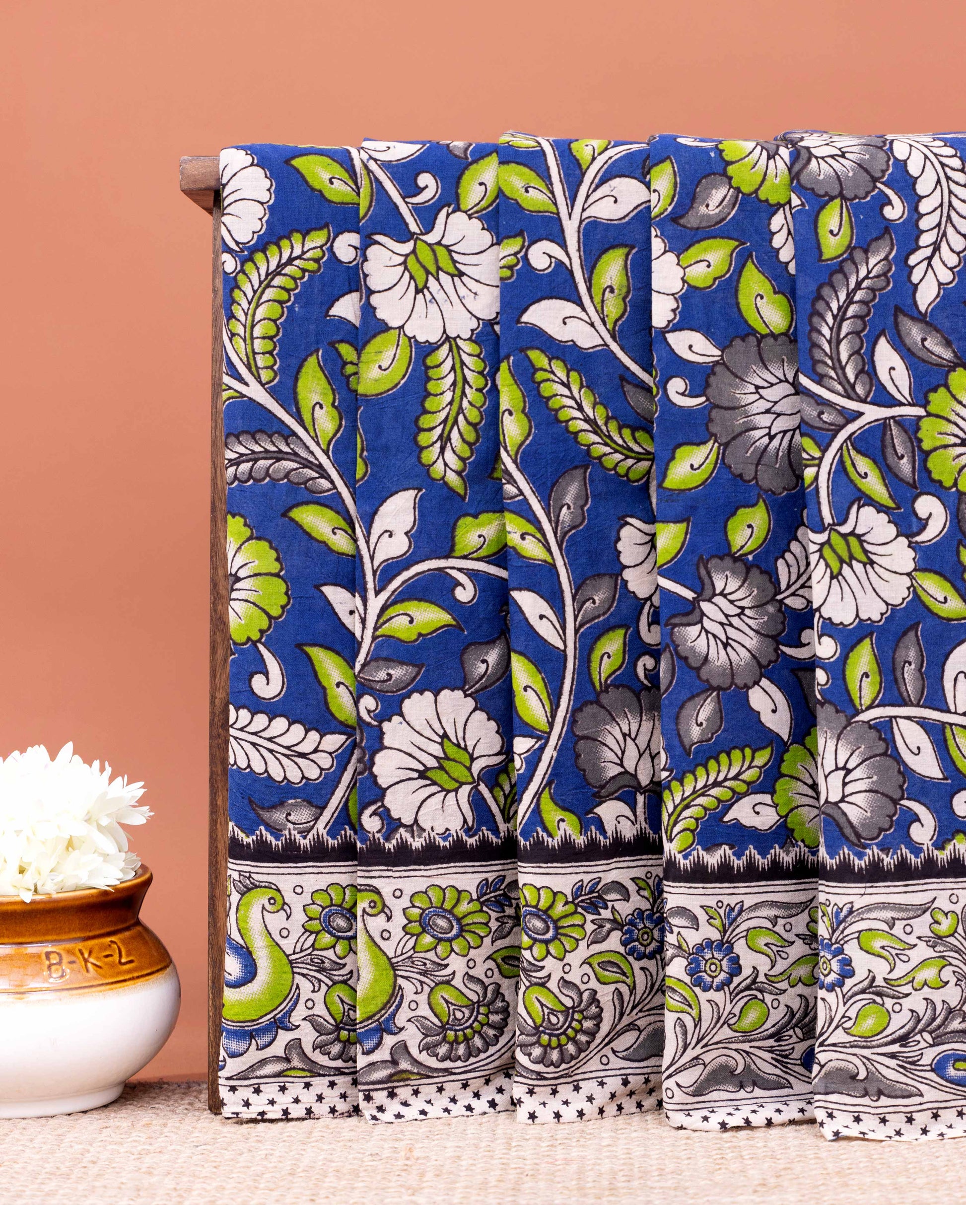 Traditional Kalamkari Block Print Cotton Saree Intricate Leaf & Flower Patterns - Blue