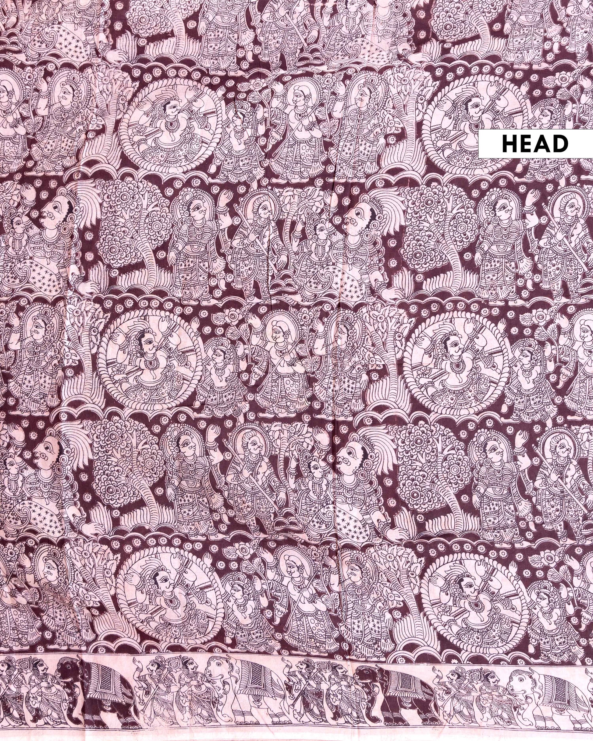 Traditional Kalamkari Block Print Cotton Saree Intricate Mythological Artwork - Dark Purple