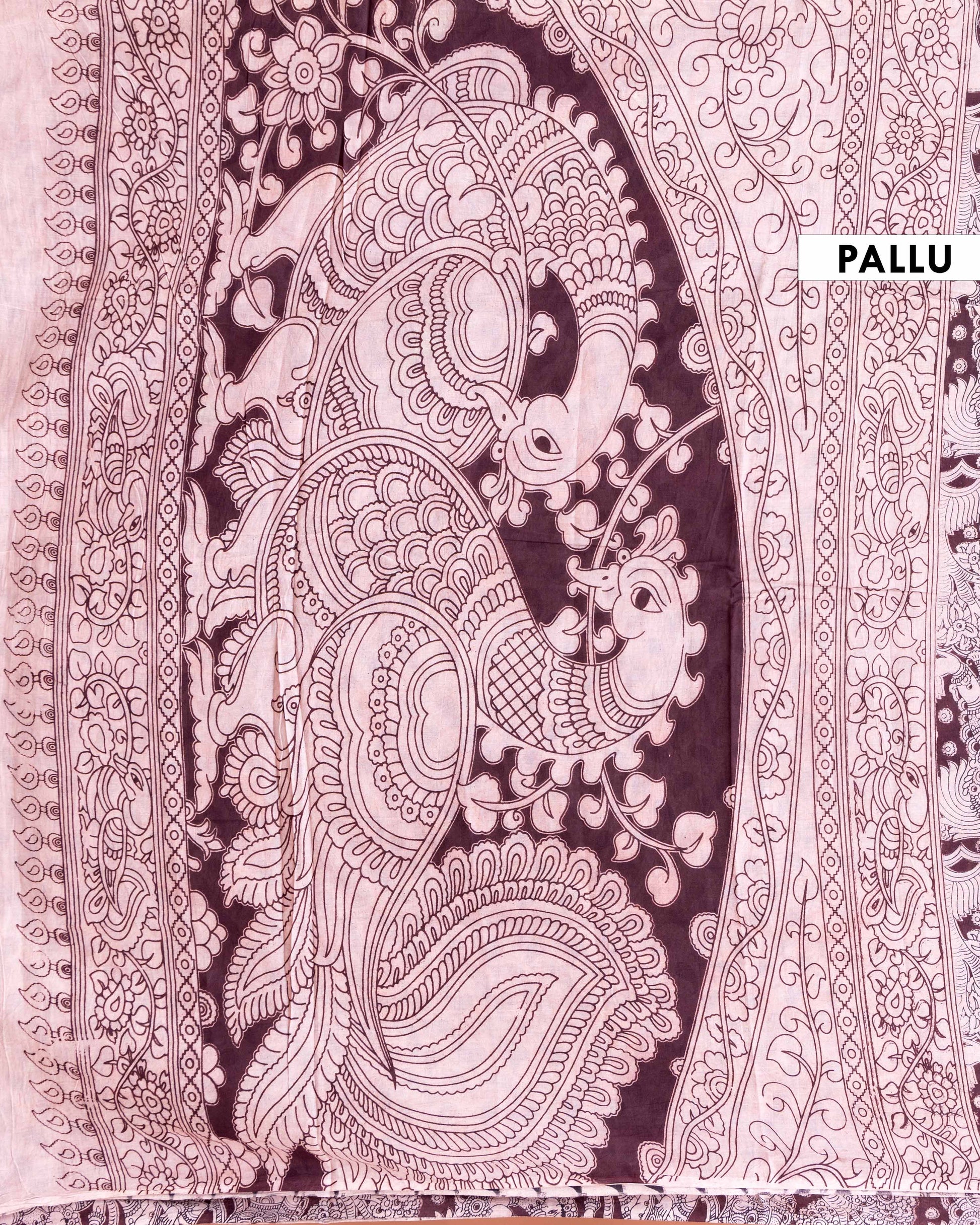 Traditional Kalamkari Block Print Cotton Saree Intricate Mythological Artwork - Dark Purple