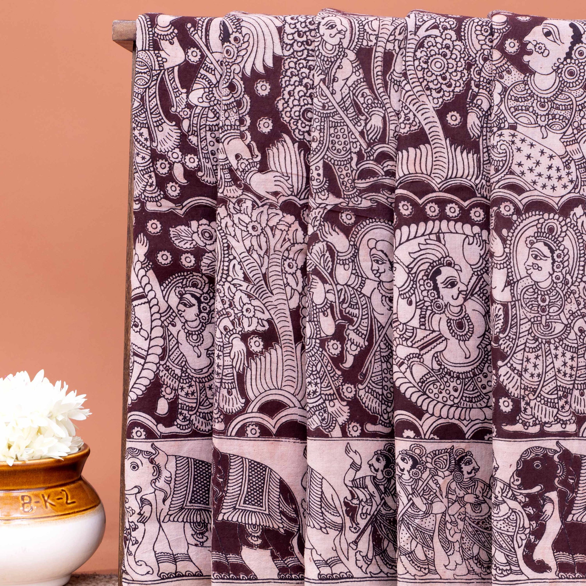 Traditional Kalamkari Block Print Cotton Saree Intricate Mythological Artwork - Dark Purple