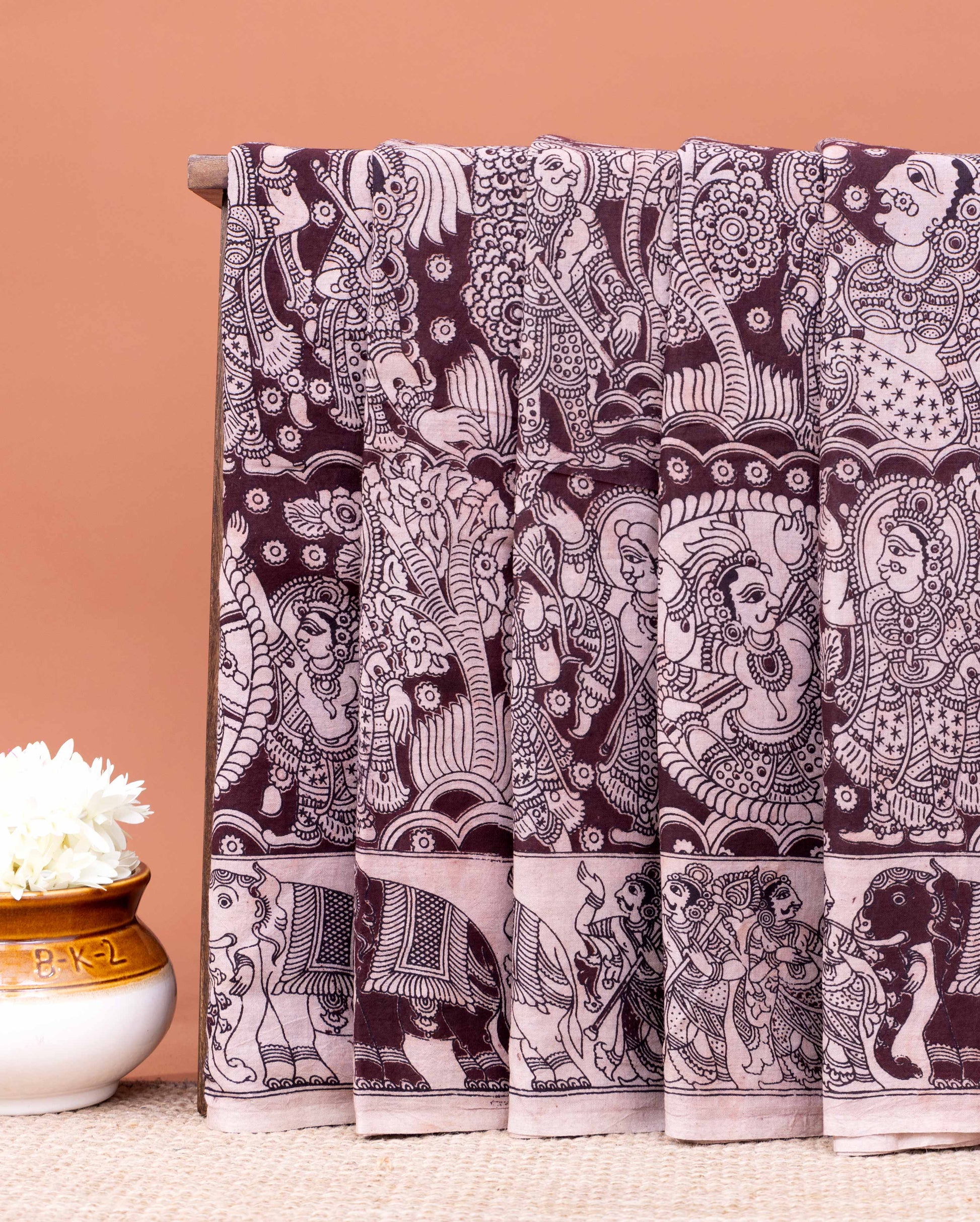 Traditional Kalamkari Block Print Cotton Saree Intricate Mythological Artwork - Dark Purple