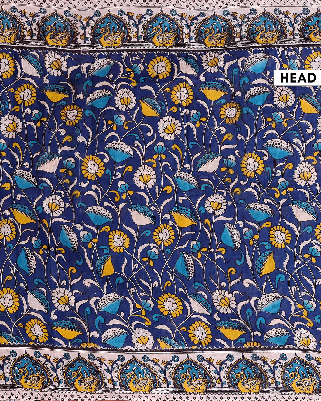 Traditional Kalamkari Block Print Cotton Saree Nature Inspired Artwork - Navy Blue