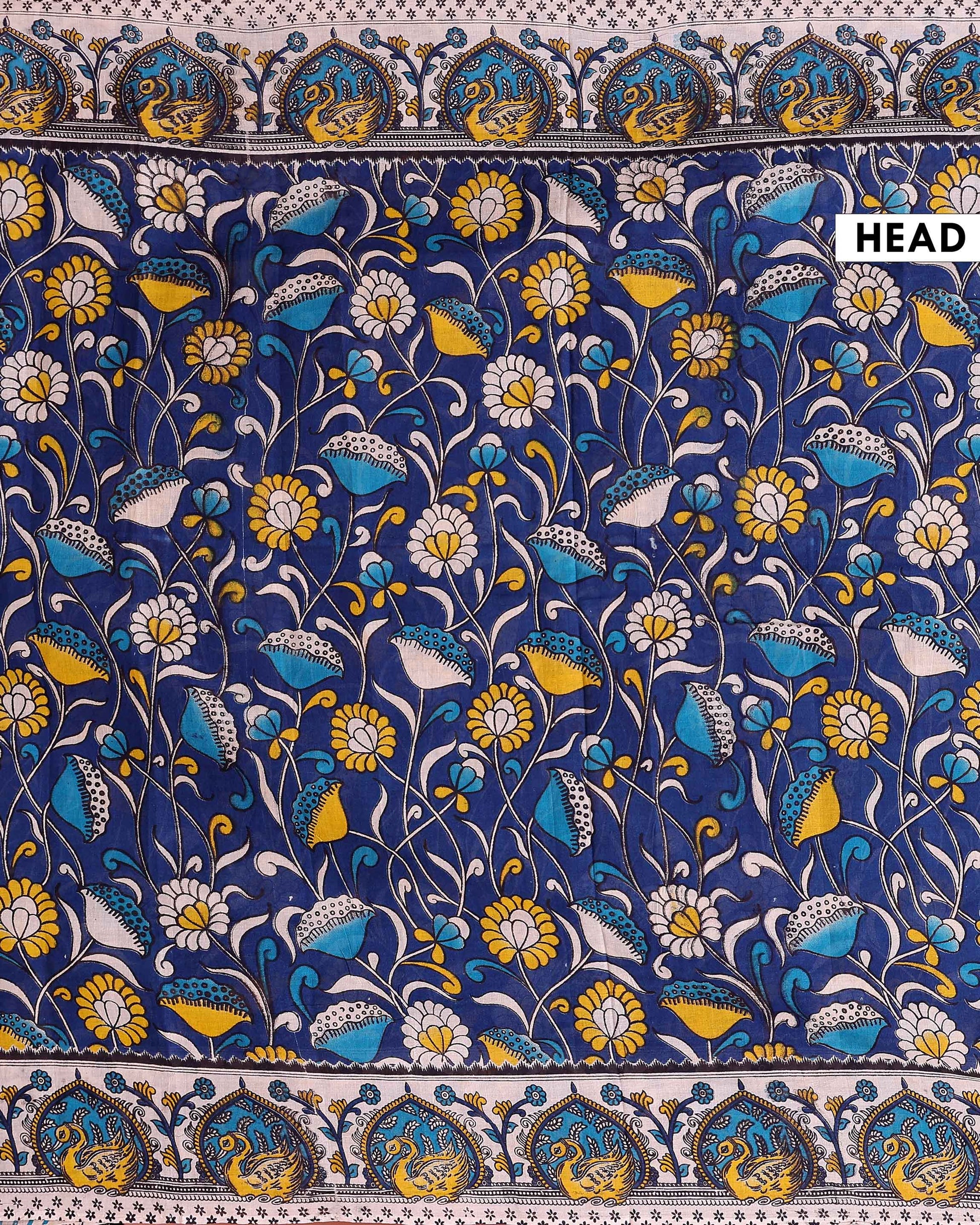 Traditional Kalamkari Block Print Cotton Saree Nature Inspired Artwork - Navy Blue