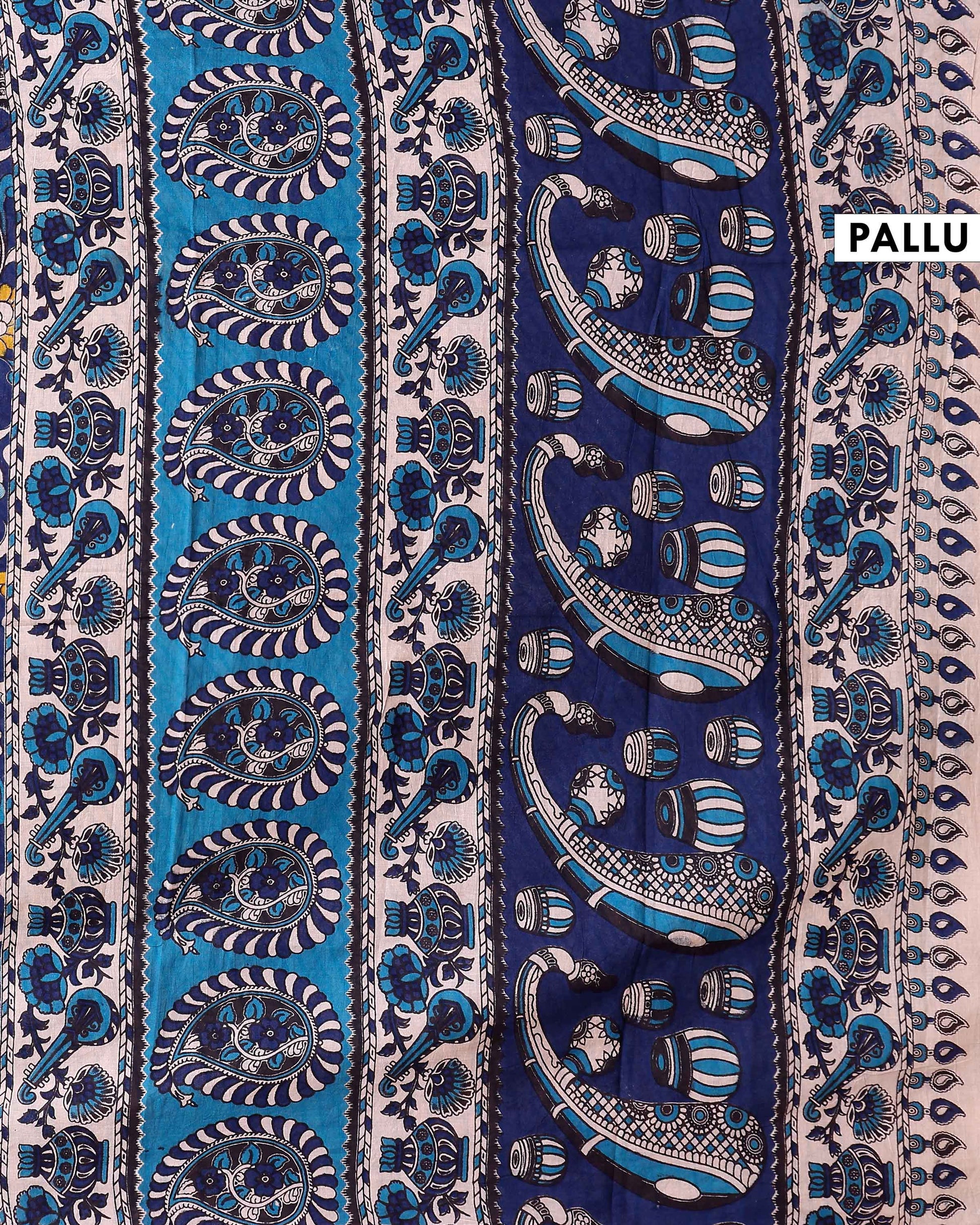 Traditional Kalamkari Block Print Cotton Saree Nature Inspired Artwork - Navy Blue