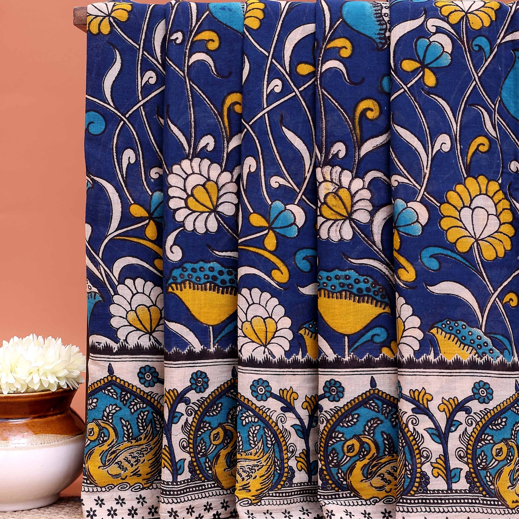 Traditional Kalamkari Block Print Cotton Saree Nature Inspired Artwork - Navy Blue