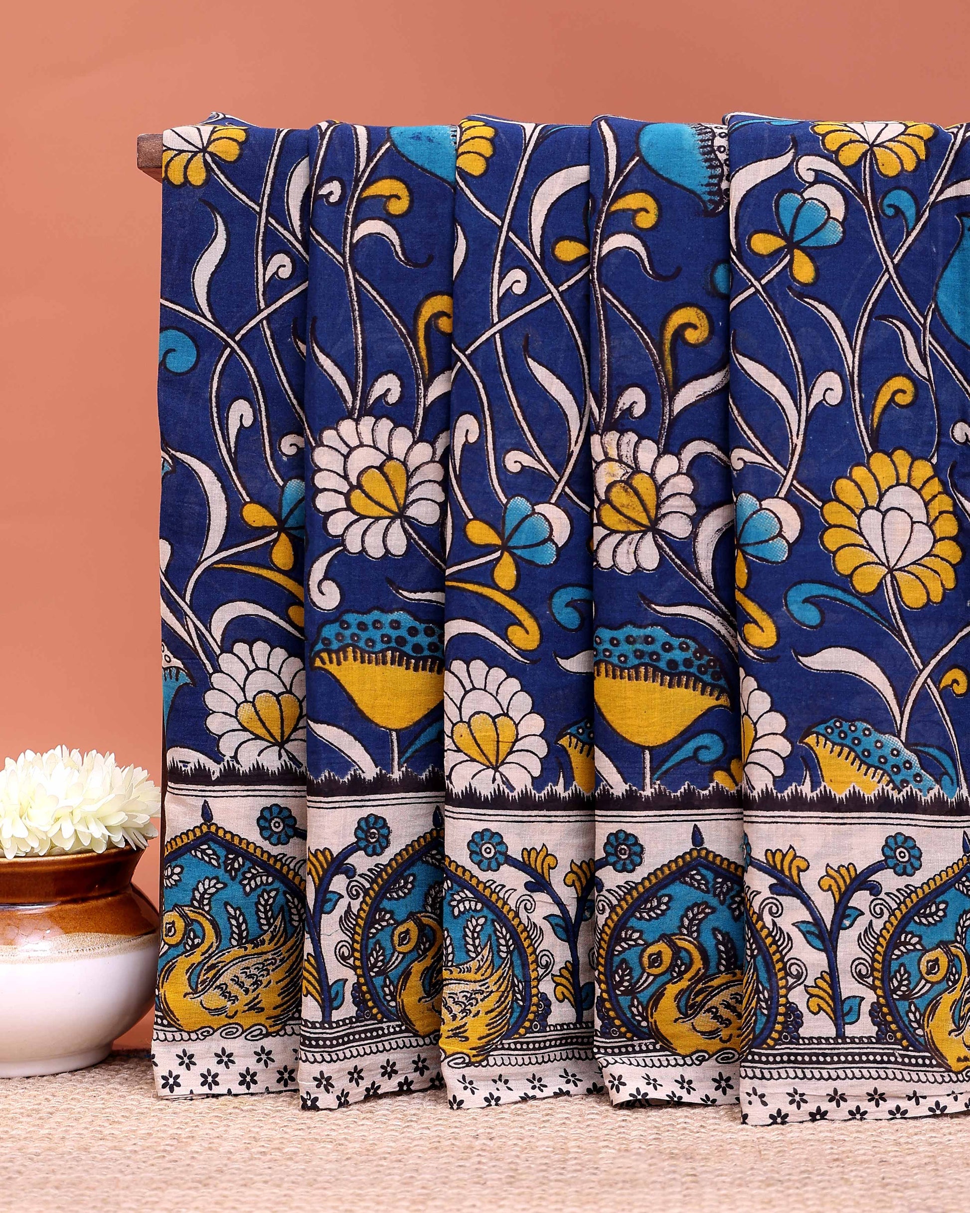 Traditional Kalamkari Block Print Cotton Saree Nature Inspired Artwork - Navy Blue