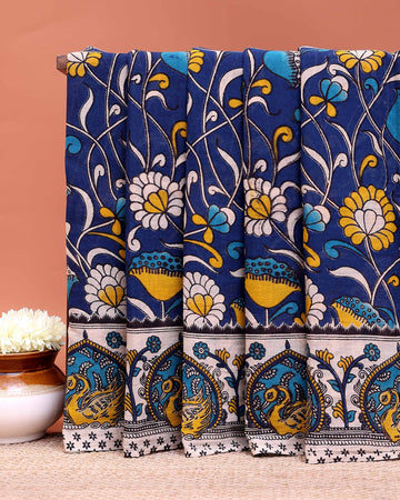 Traditional Kalamkari Block Print Cotton Saree Nature Inspired Artwork - Navy Blue