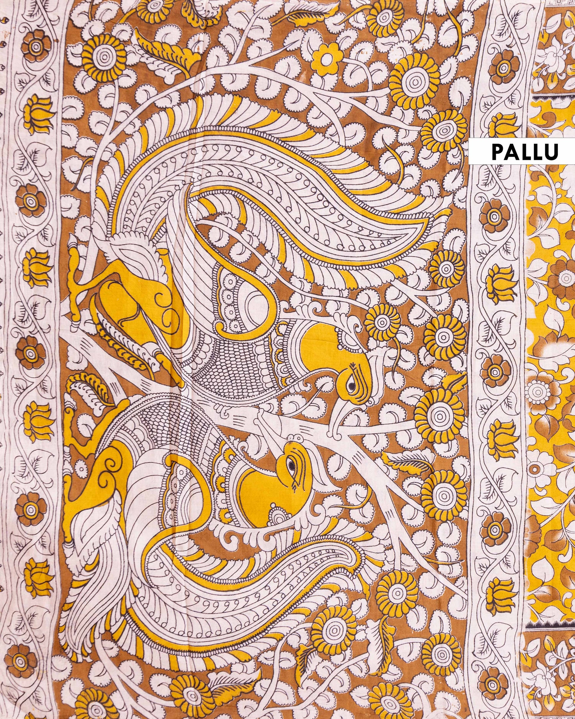 Traditional Kalamkari Block Print Cotton Saree Nature Inspired Floral Motifs - Yellow