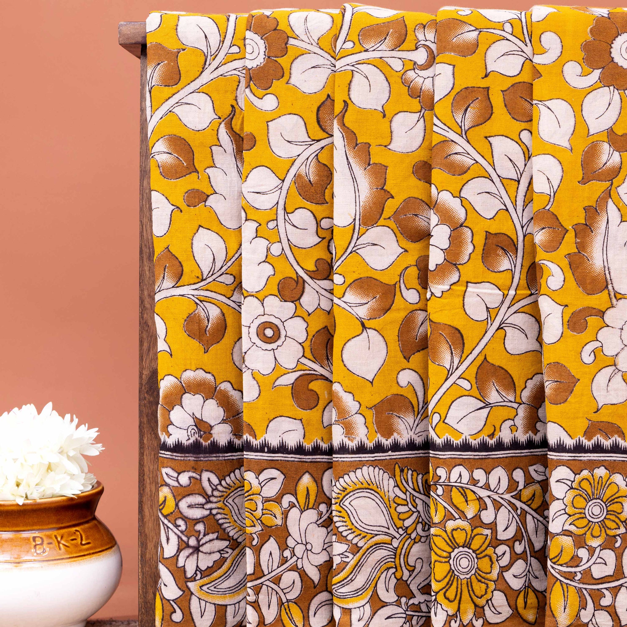 Traditional Kalamkari Block Print Cotton Saree Nature Inspired Floral Motifs - Yellow