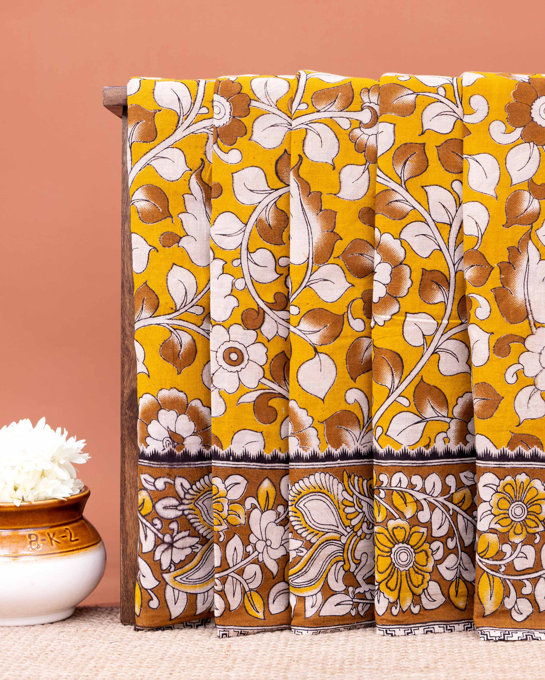 Traditional Kalamkari Block Print Cotton Saree Nature Inspired Floral Motifs - Yellow