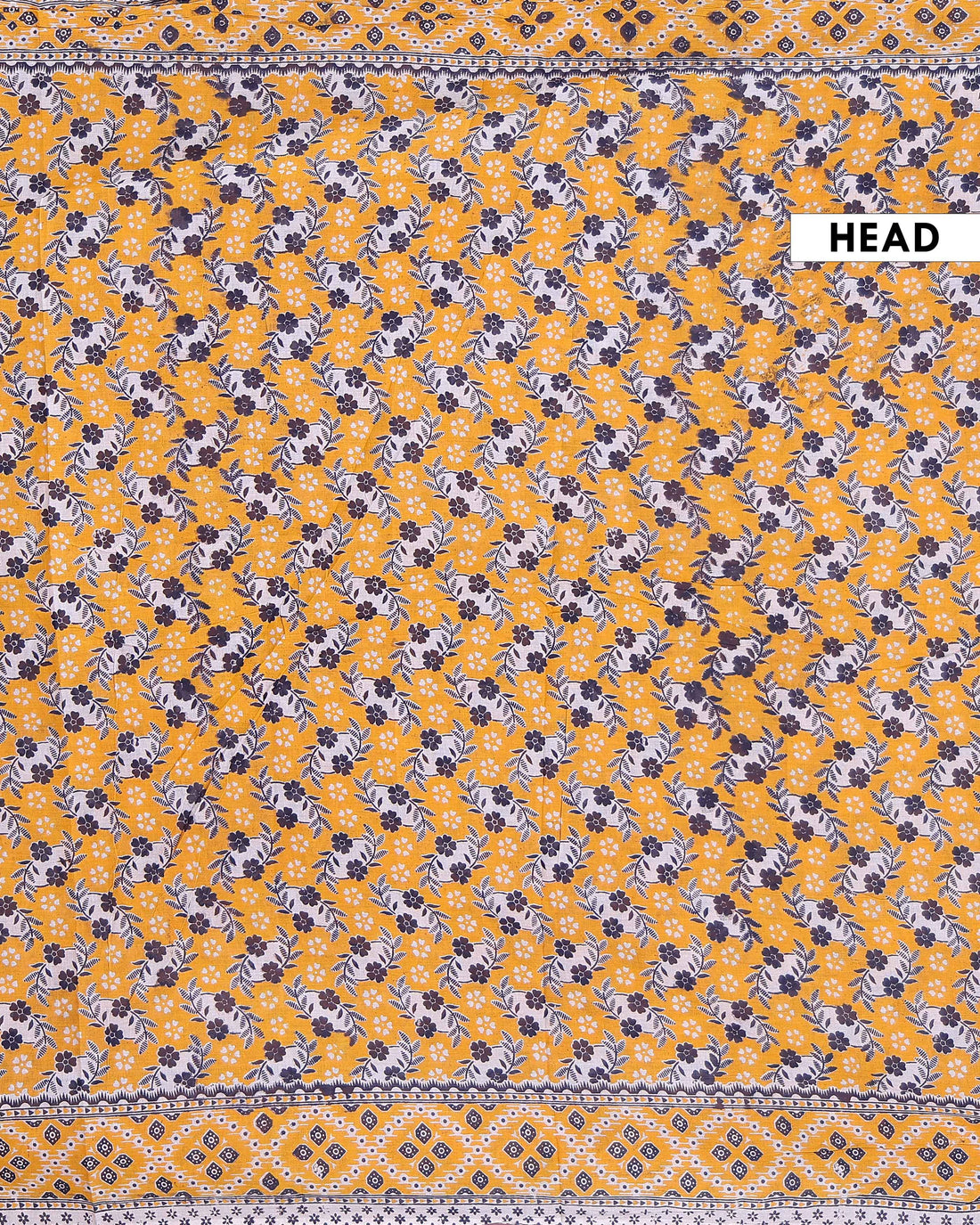 Traditional Kalamkari Block Print Cotton Saree with Traditional Floral Motifs and Geometric Border - Yellow