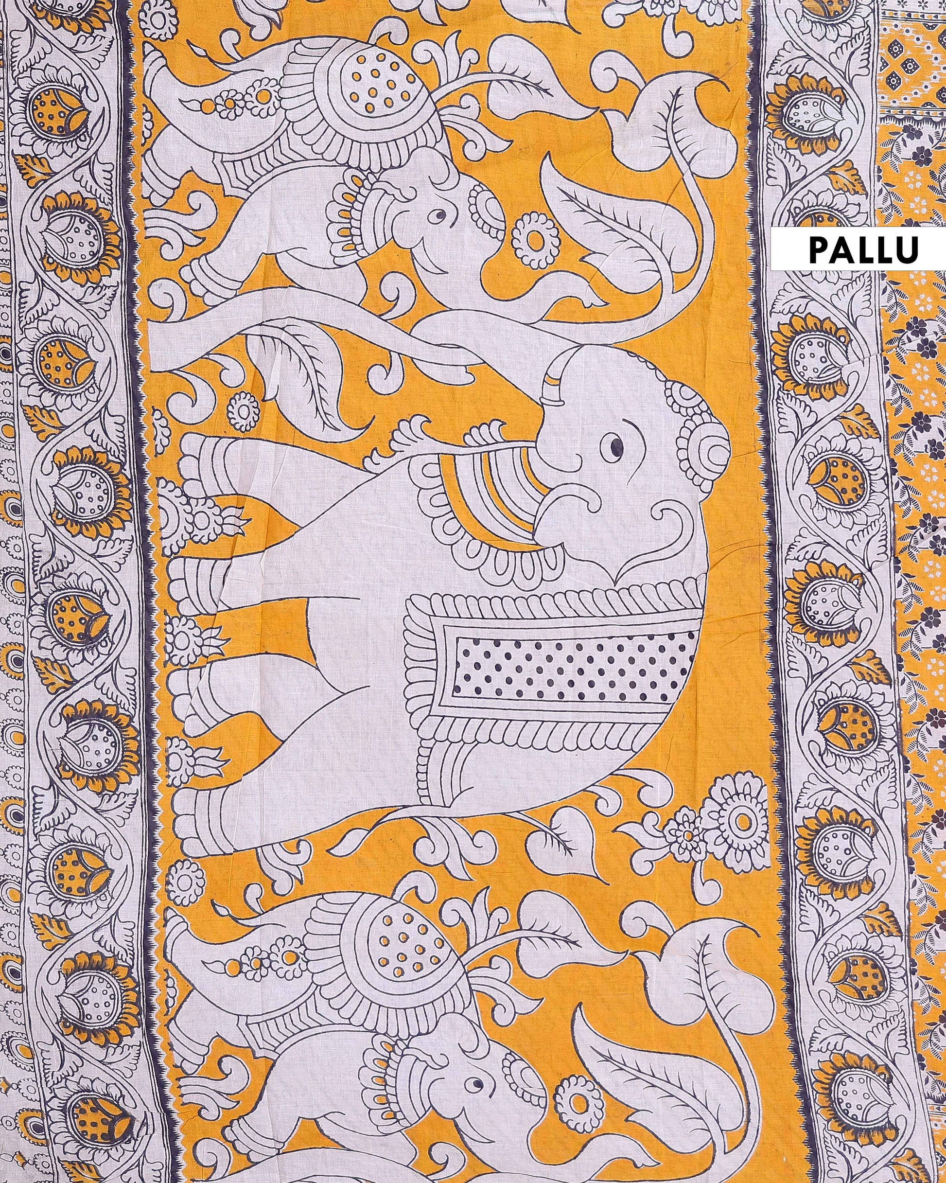 Traditional Kalamkari Block Print Cotton Saree with Traditional Floral Motifs and Geometric Border - Yellow