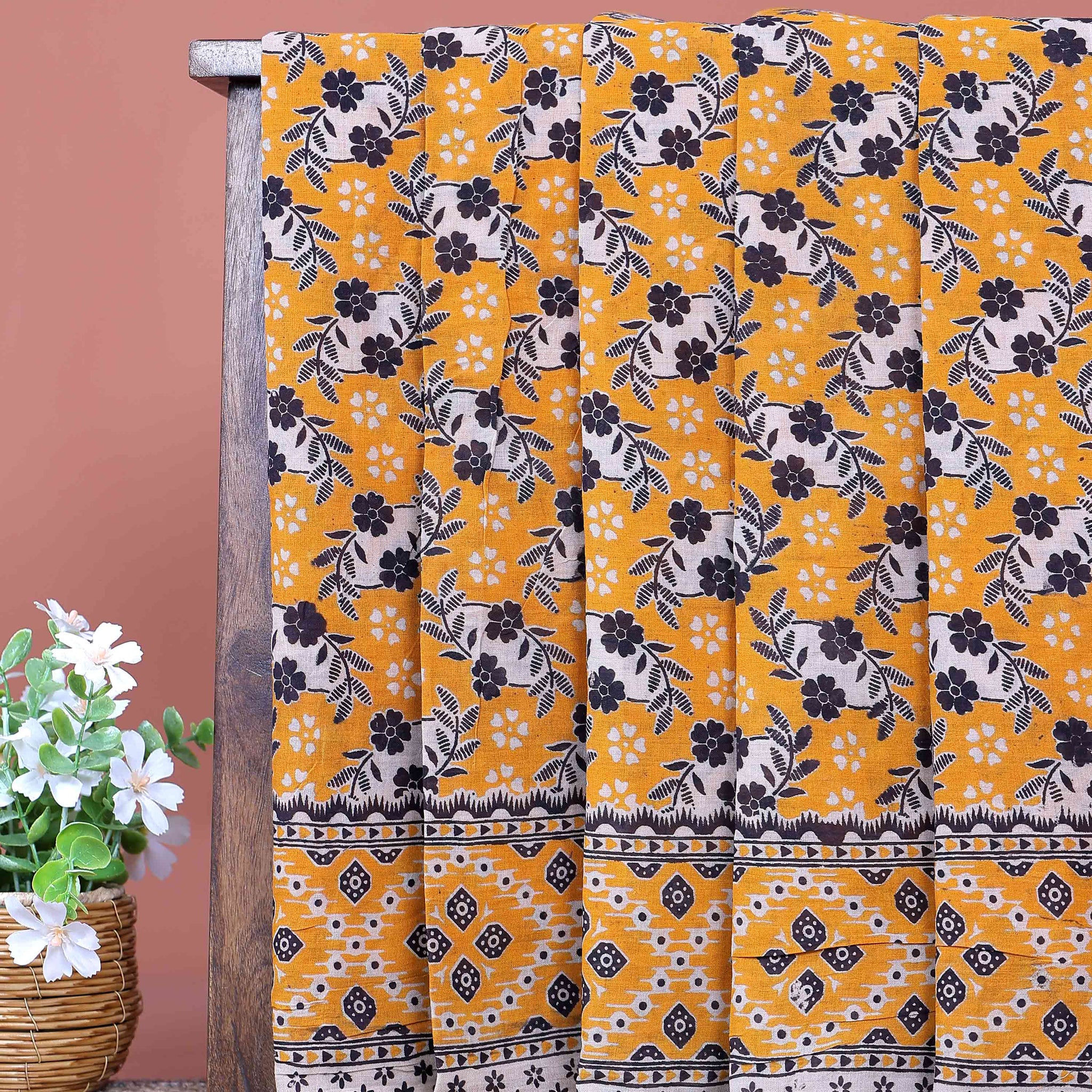 Traditional Kalamkari Block Print Cotton Saree with Traditional Floral Motifs and Geometric Border - Yellow