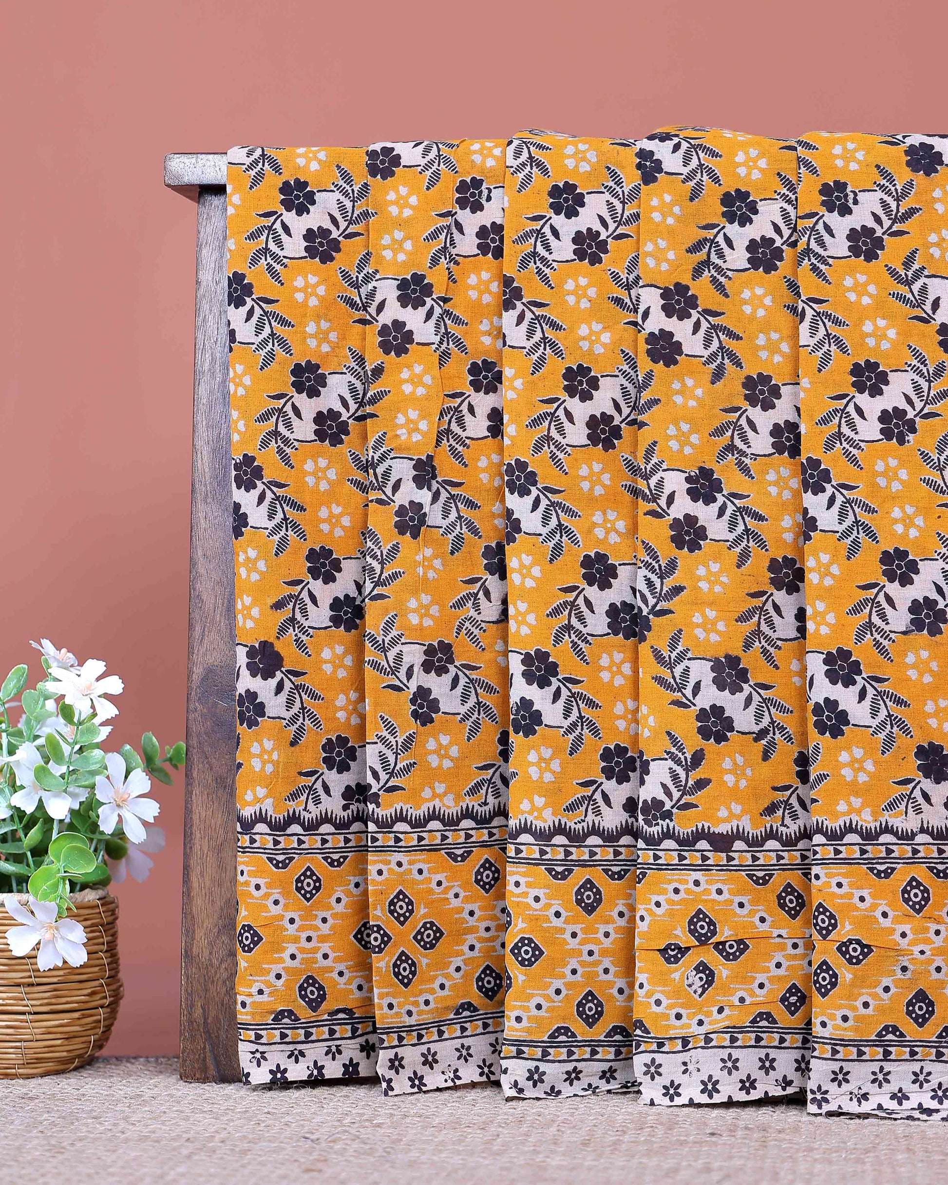 Traditional Kalamkari Block Print Cotton Saree with Traditional Floral Motifs and Geometric Border - Yellow