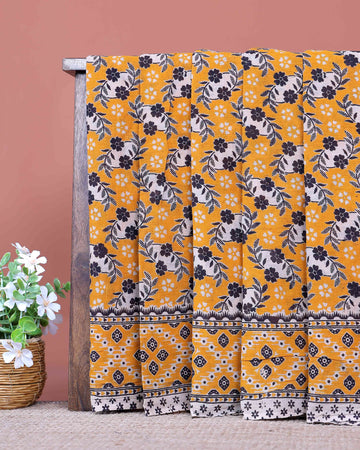 Traditional Kalamkari Block Print Cotton Saree with Traditional Floral Motifs and Geometric Border - Yellow