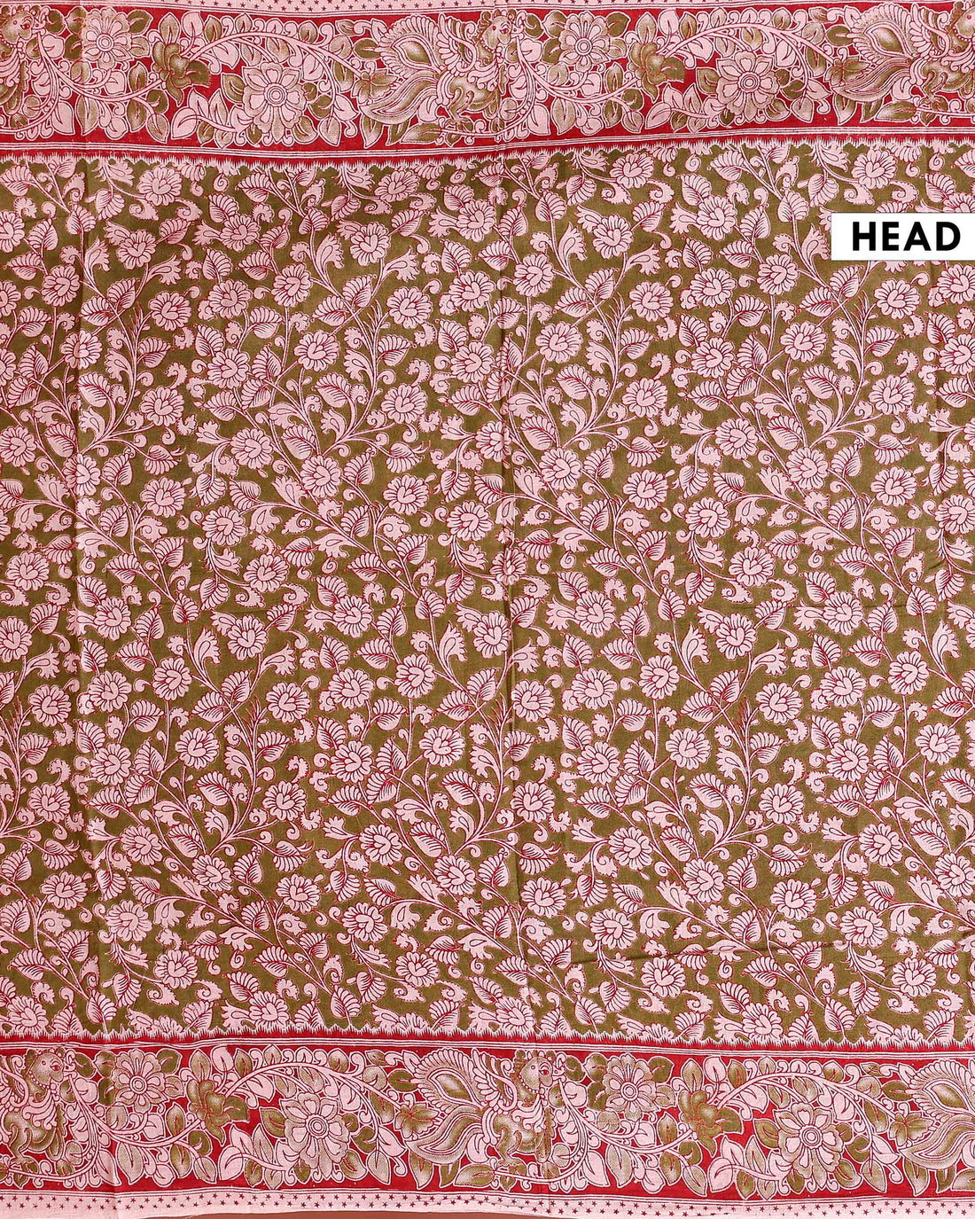 Traditional Kalamkari Block Printed Cotton Saree Delicate Floral Patterns - Green