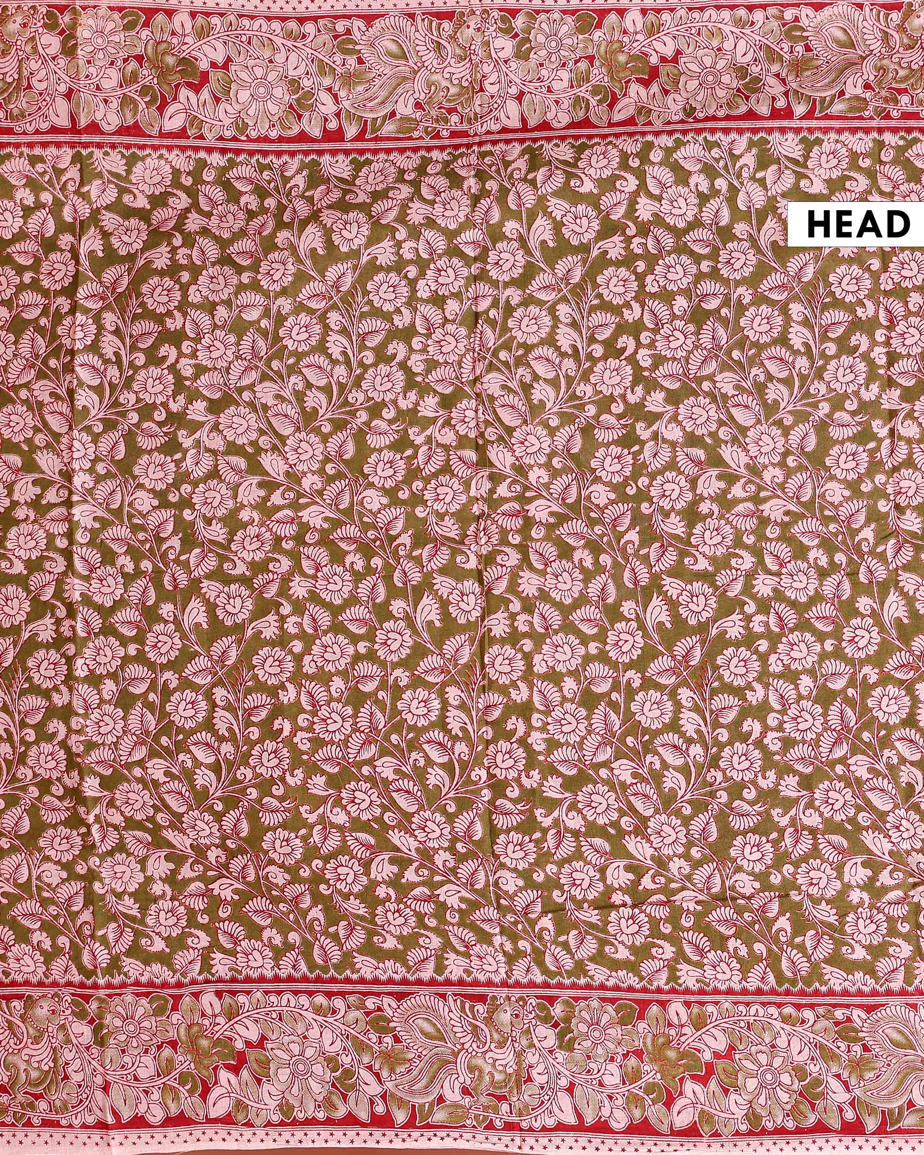 Traditional Kalamkari Block Printed Cotton Saree Delicate Floral Patterns - Green