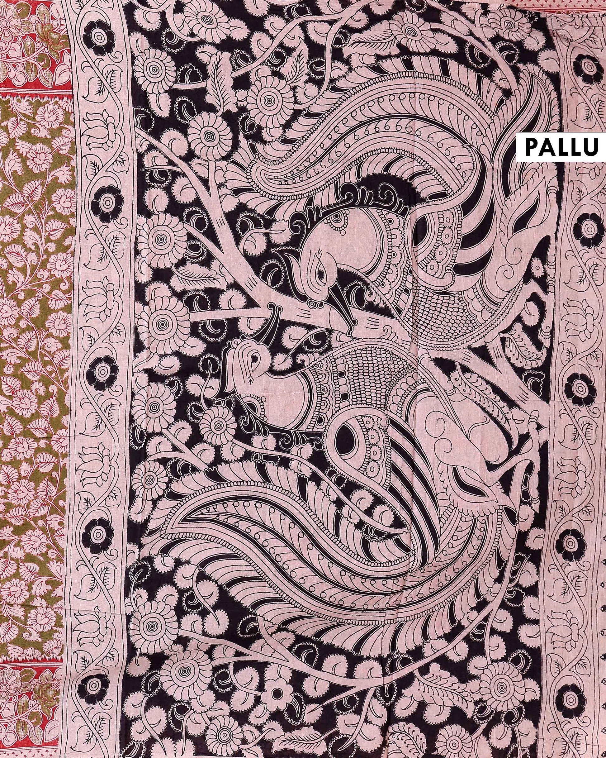 Traditional Kalamkari Block Printed Cotton Saree Delicate Floral Patterns - Green