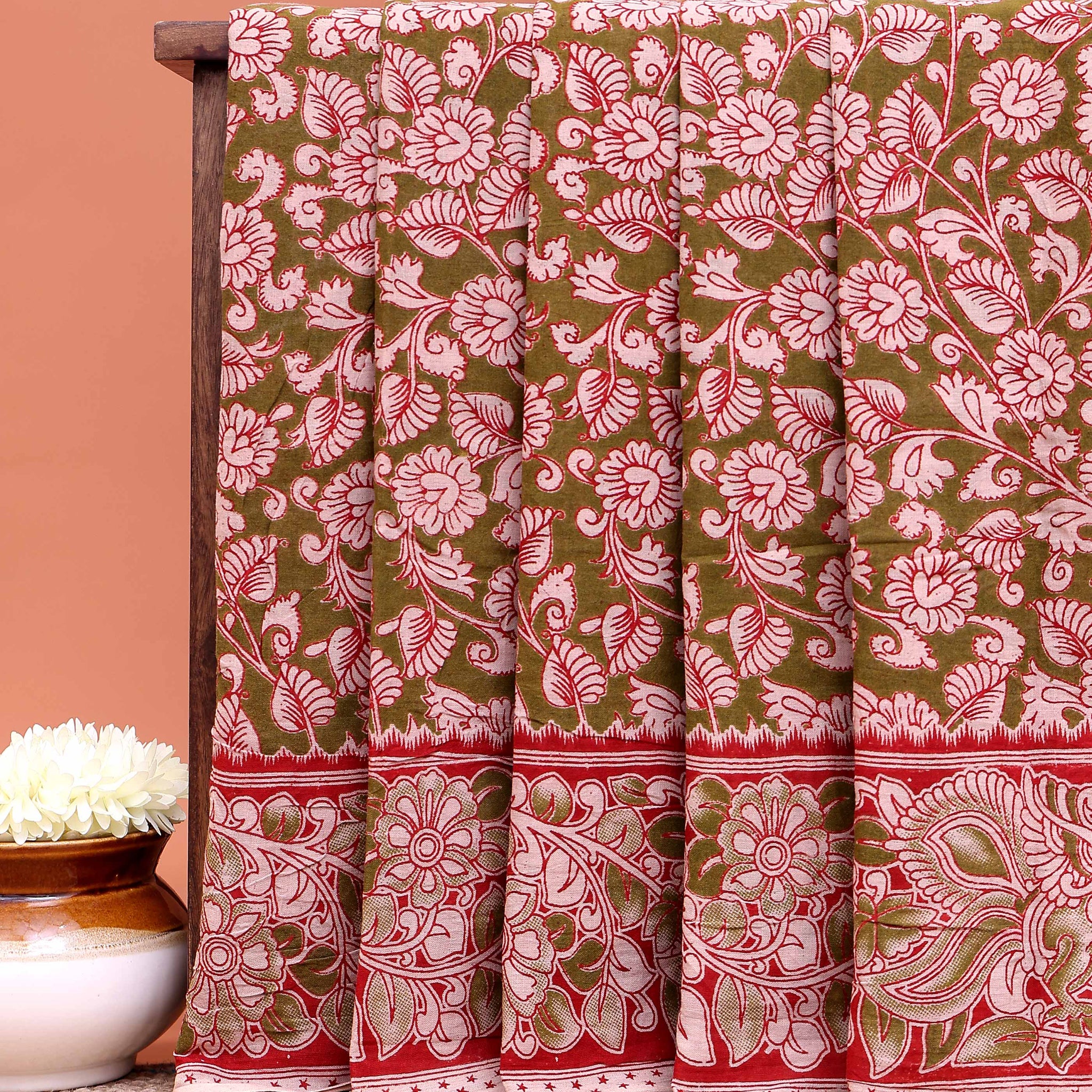 Traditional Kalamkari Block Printed Cotton Saree Delicate Floral Patterns - Green